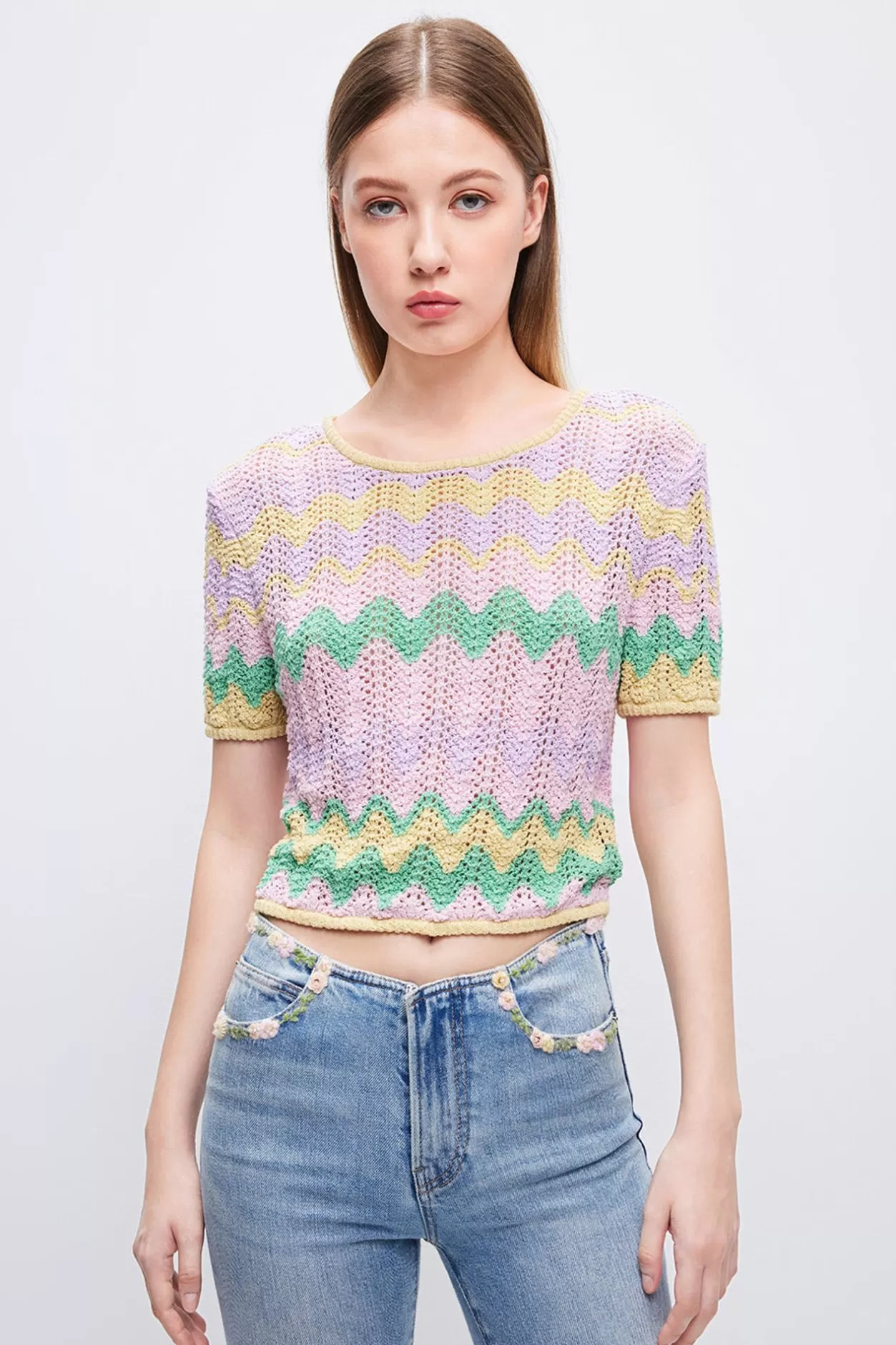 Miss Sixty Ethnic-Inspired Wavy Pattern Short-Sleeve Knit Top Multicolour Flash Sale