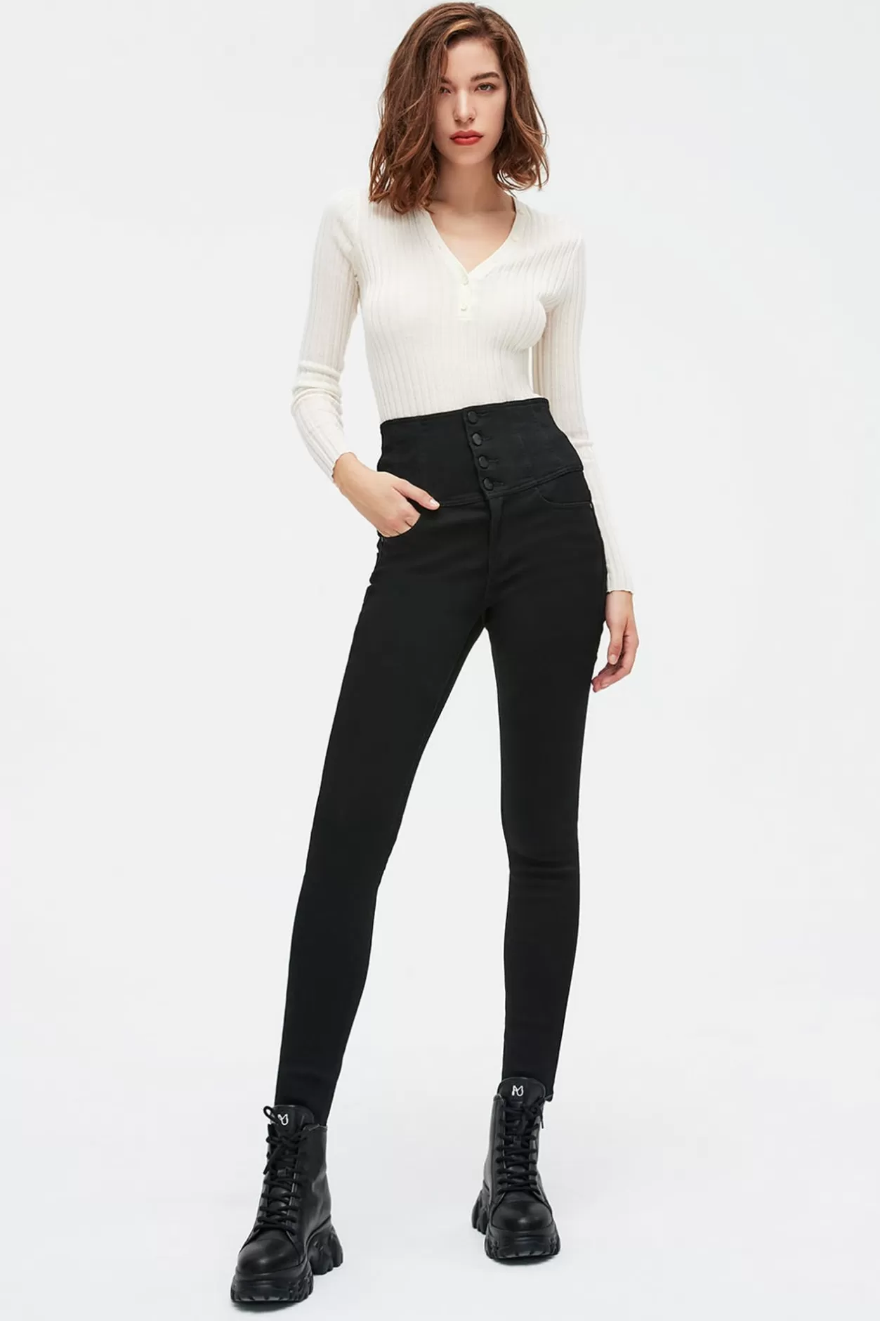 Miss Sixty Four Buttons High-Waisted Fleece-Lined Skinny Jeans Black Outlet