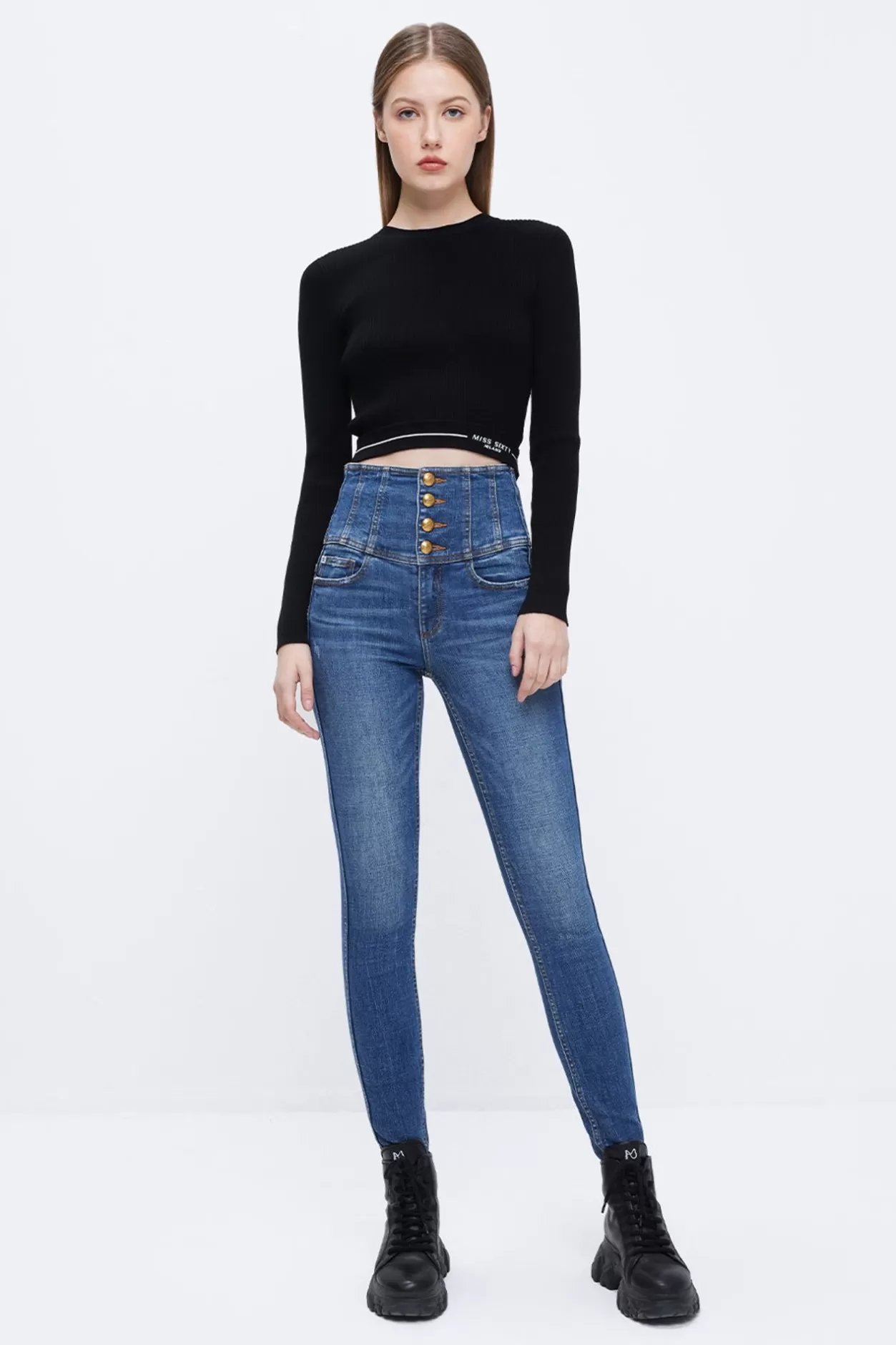 Miss Sixty Four Buttons Super High Waist Slim Jeans Deep Blue Shop