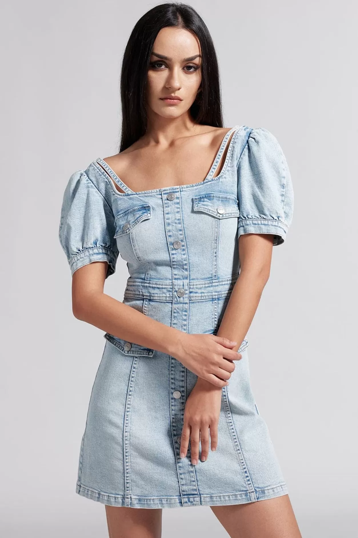 Miss Sixty French Style-Square Neck Denim Dress Light Blue Discount