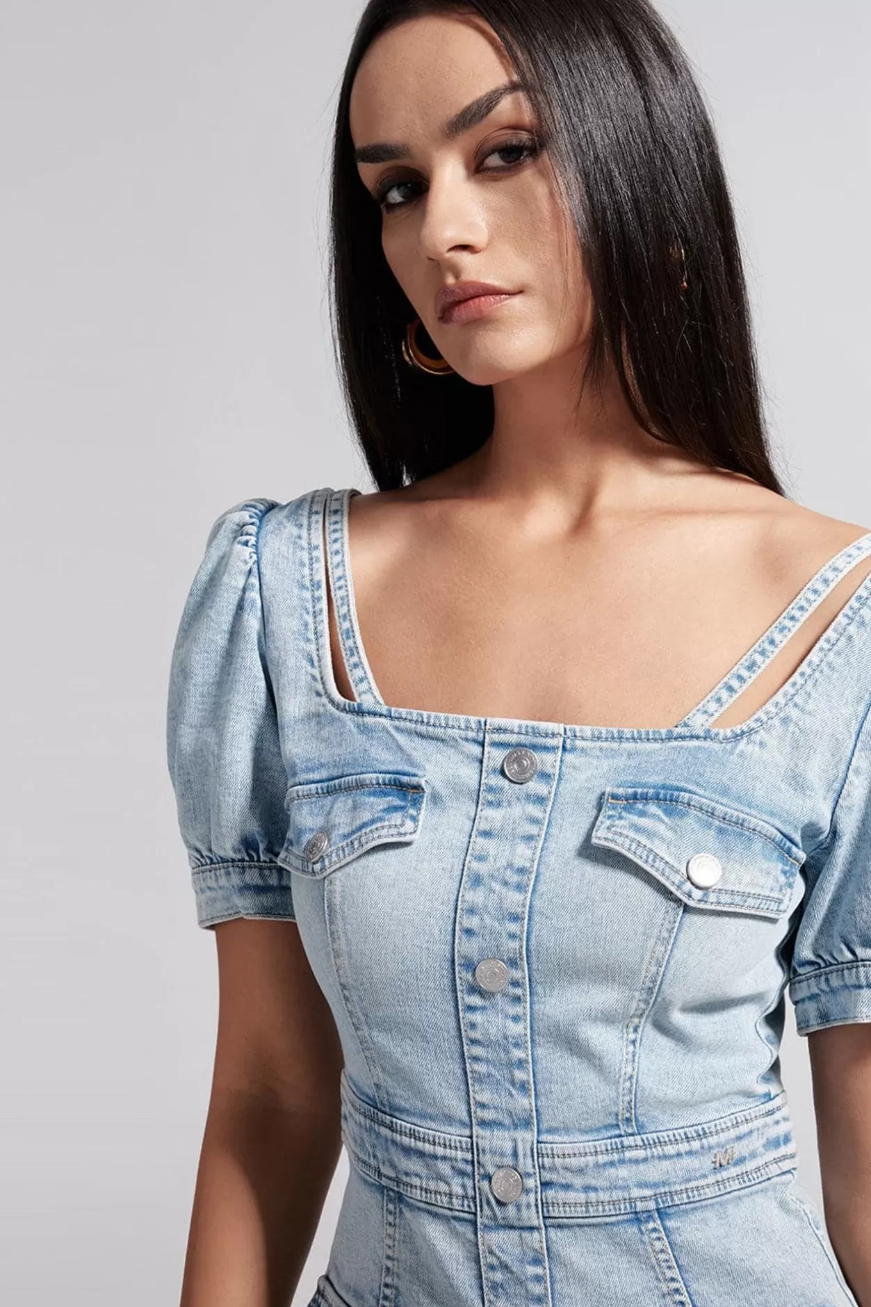 Miss Sixty French Style-Square Neck Denim Dress Light Blue Discount