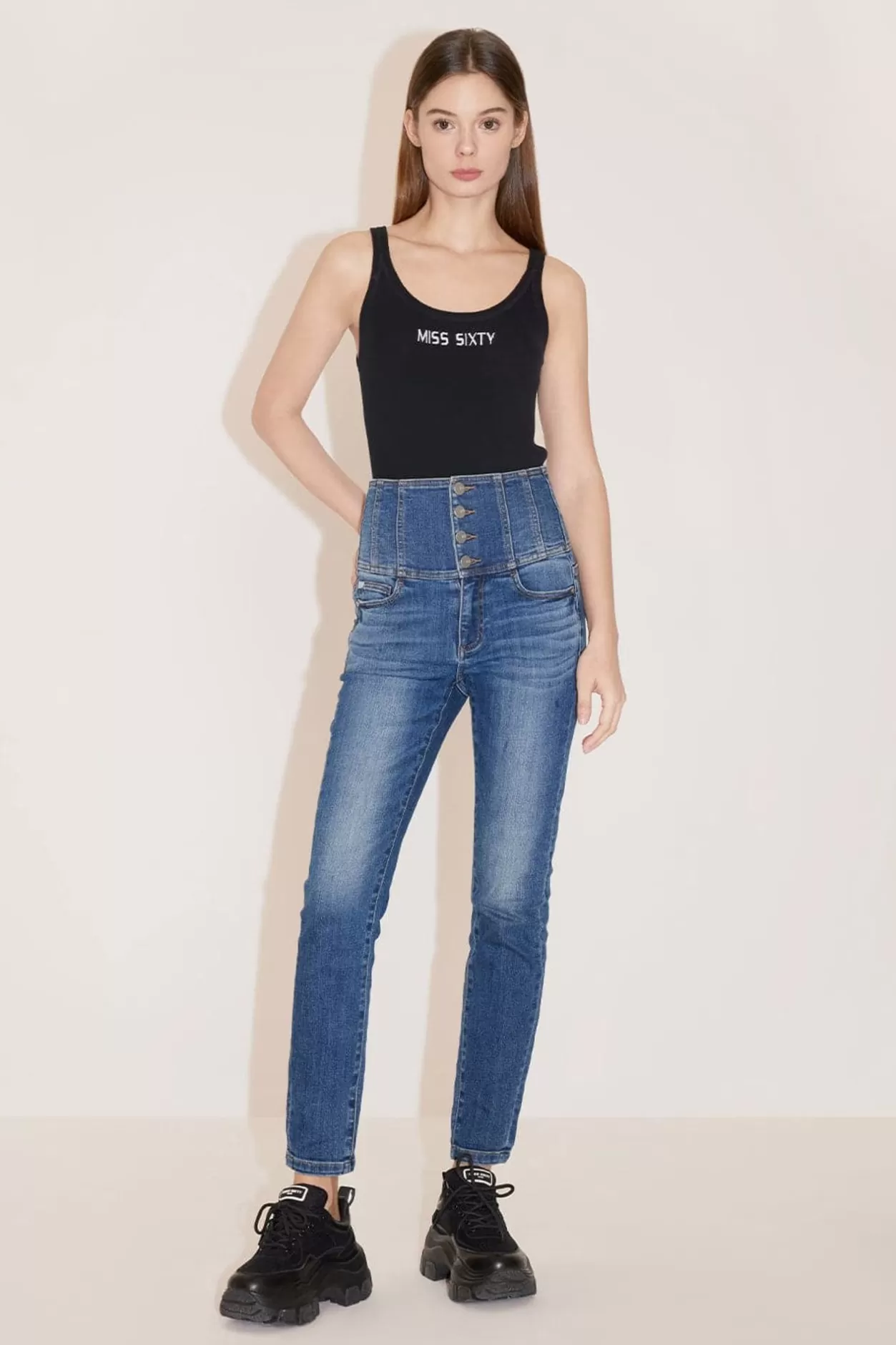 Miss Sixty High Waist Slim Fit Jeans With Four Buttons Middle Blue Online