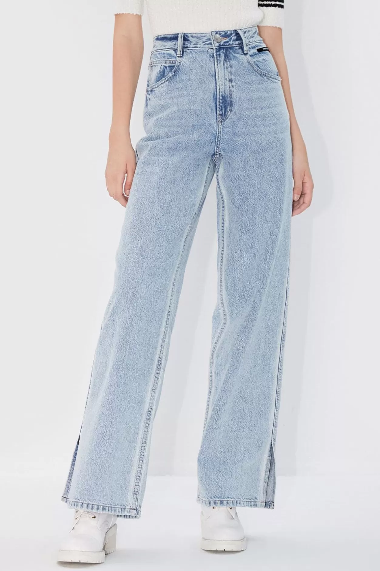 Miss Sixty High Waist Wide Leg Slit Linen Blend Jeans Light Blue Outlet