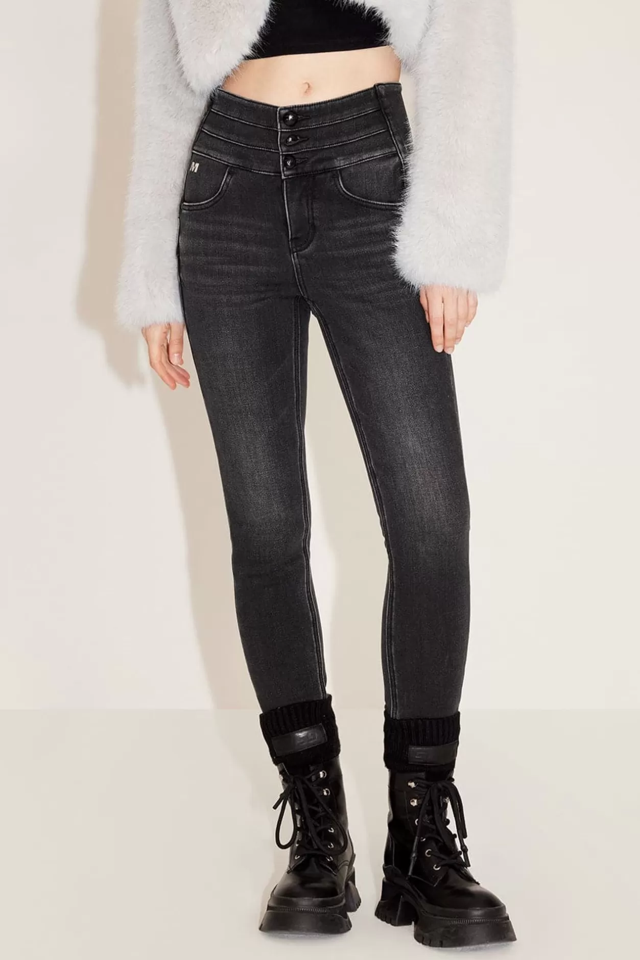 Miss Sixty High-Waist Black-Gray Fleece-Lined Slimming Denim Jeans Black Fog Hot