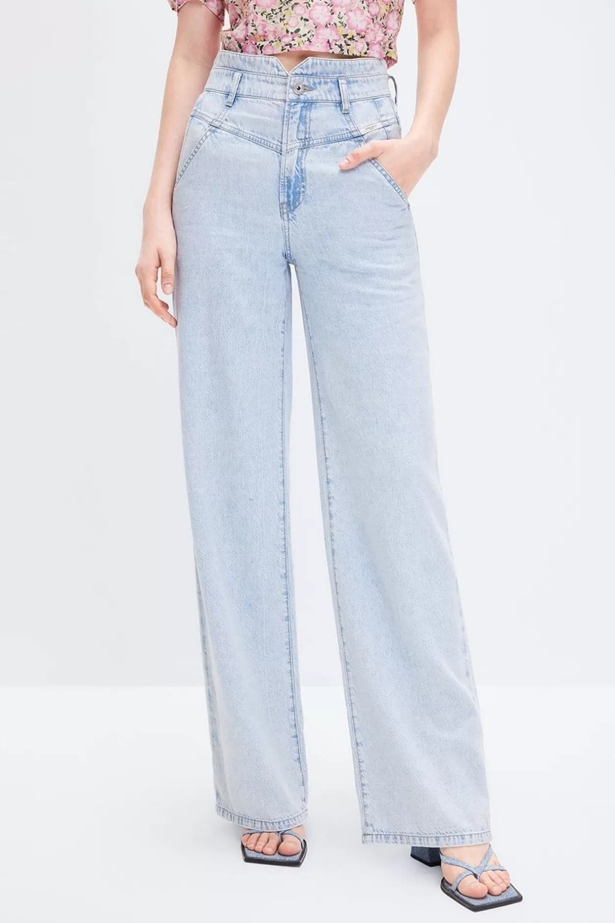 Miss Sixty High-Waisted Linen-Cotton Denim Wide-Leg Pants Light Blue Cheap