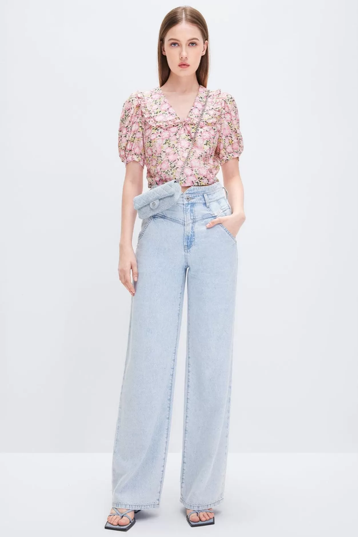 Miss Sixty High-Waisted Linen-Cotton Denim Wide-Leg Pants Light Blue Cheap