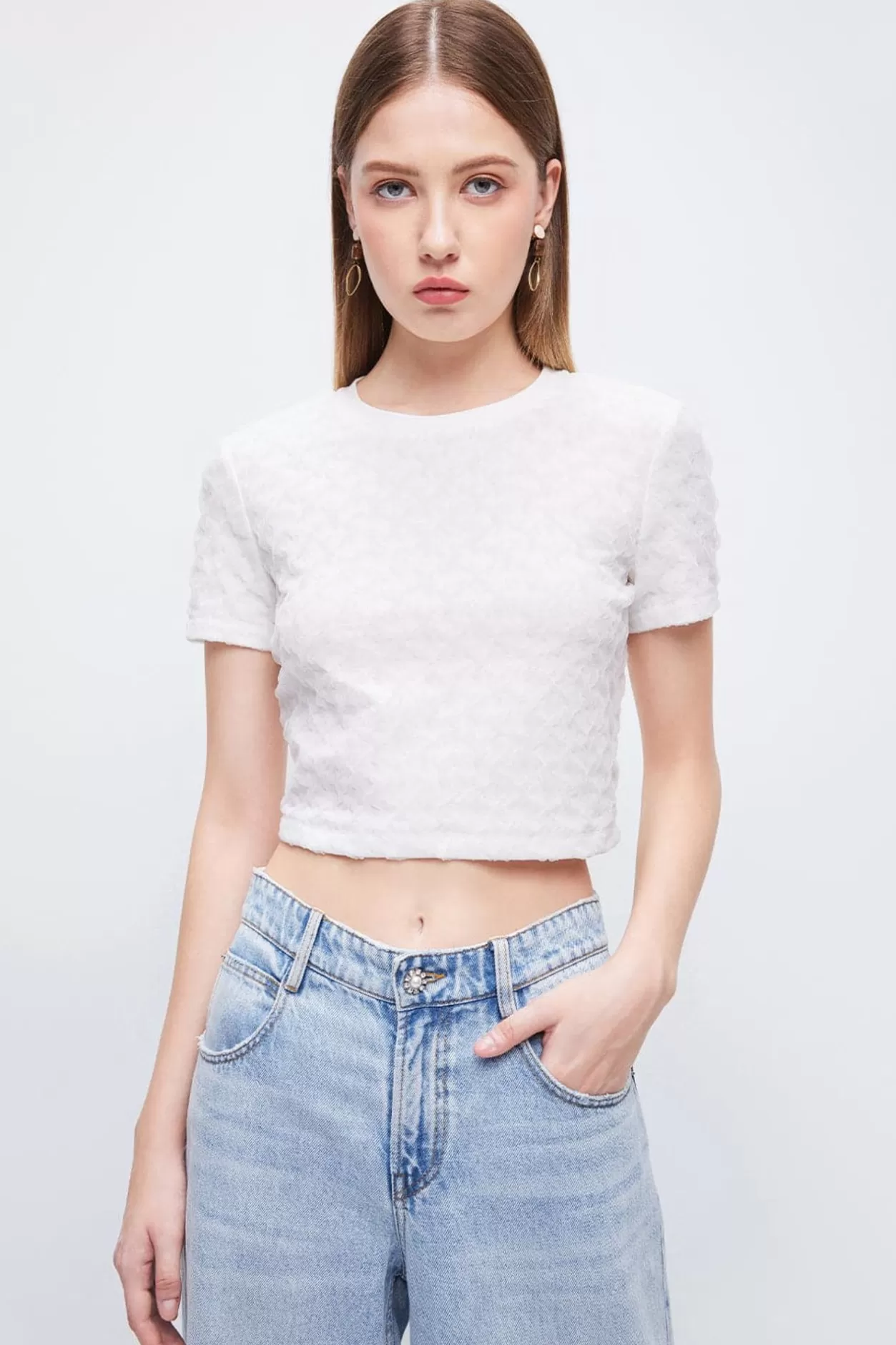 Miss Sixty Jacquard Cropped T-Shirt White Flash Sale