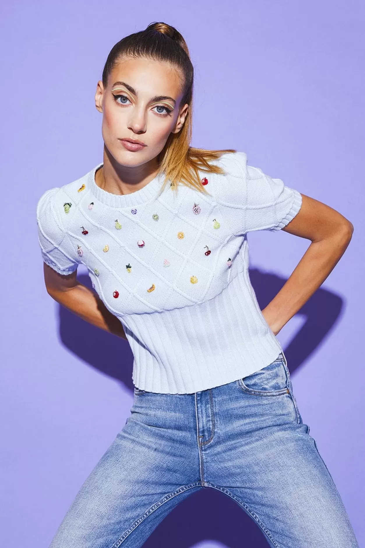 Miss Sixty Knit Shirt With Fruit Embellishment Blue Online