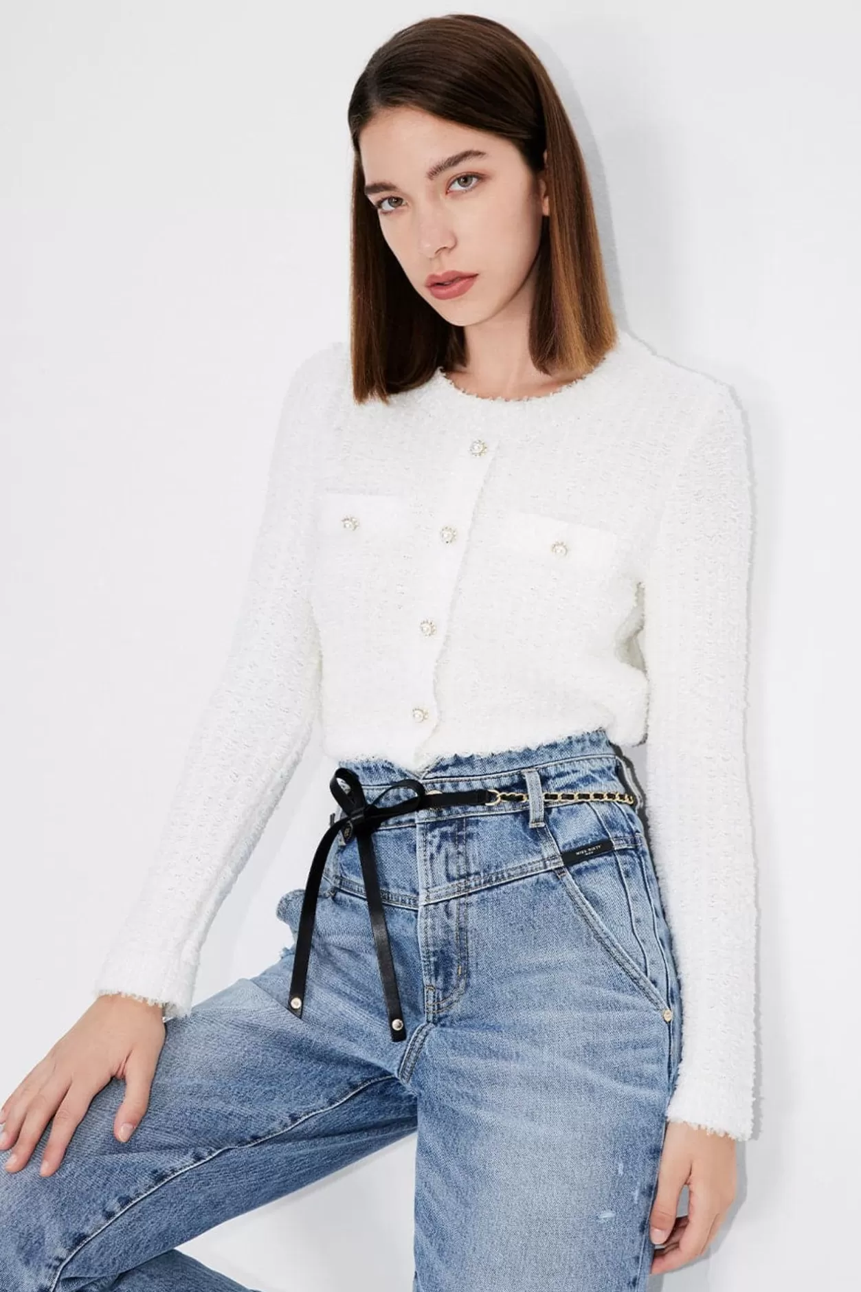 Miss Sixty Knitted Shirt With Pearl Buttons White Fashion