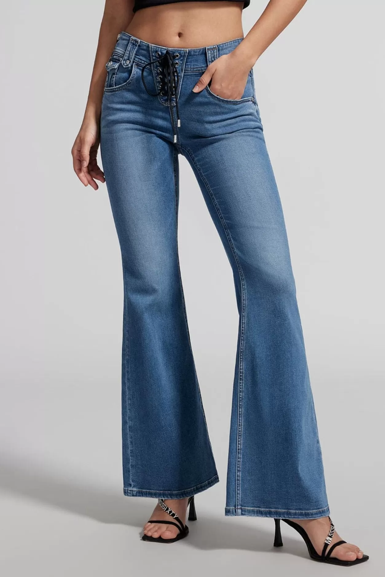 Miss Sixty Lace-Up Bootcut Pants With Acetate Middle Blue New