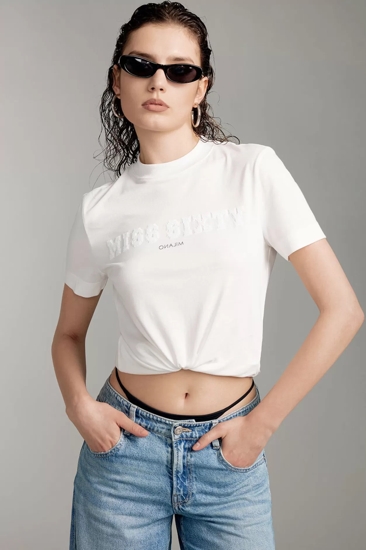 Miss Sixty Mock Turtleneck Embroidered T-Shirt Fashion