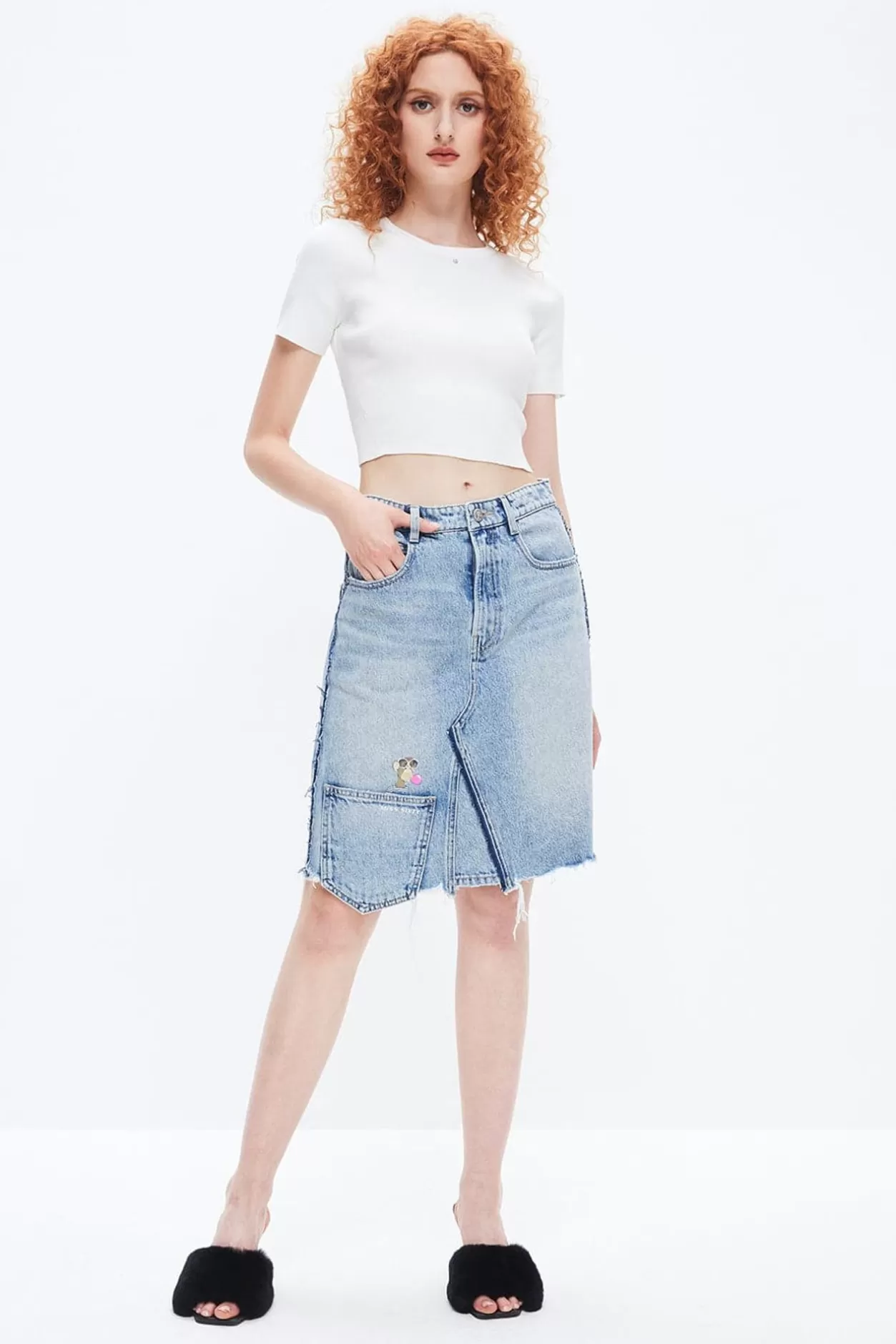 Miss Sixty Nft Capsule Asymmetrical Slit Cotton Denim Skirt Light Blue New