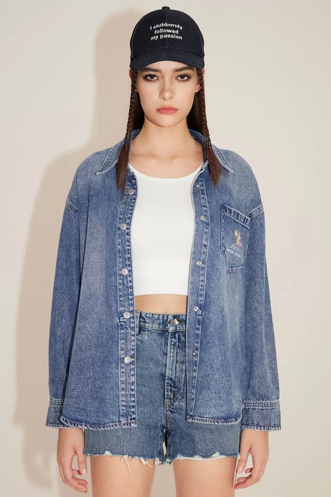 Miss Sixty Nft Capsule High Street Short Denim Shirt Light Blue Fashion