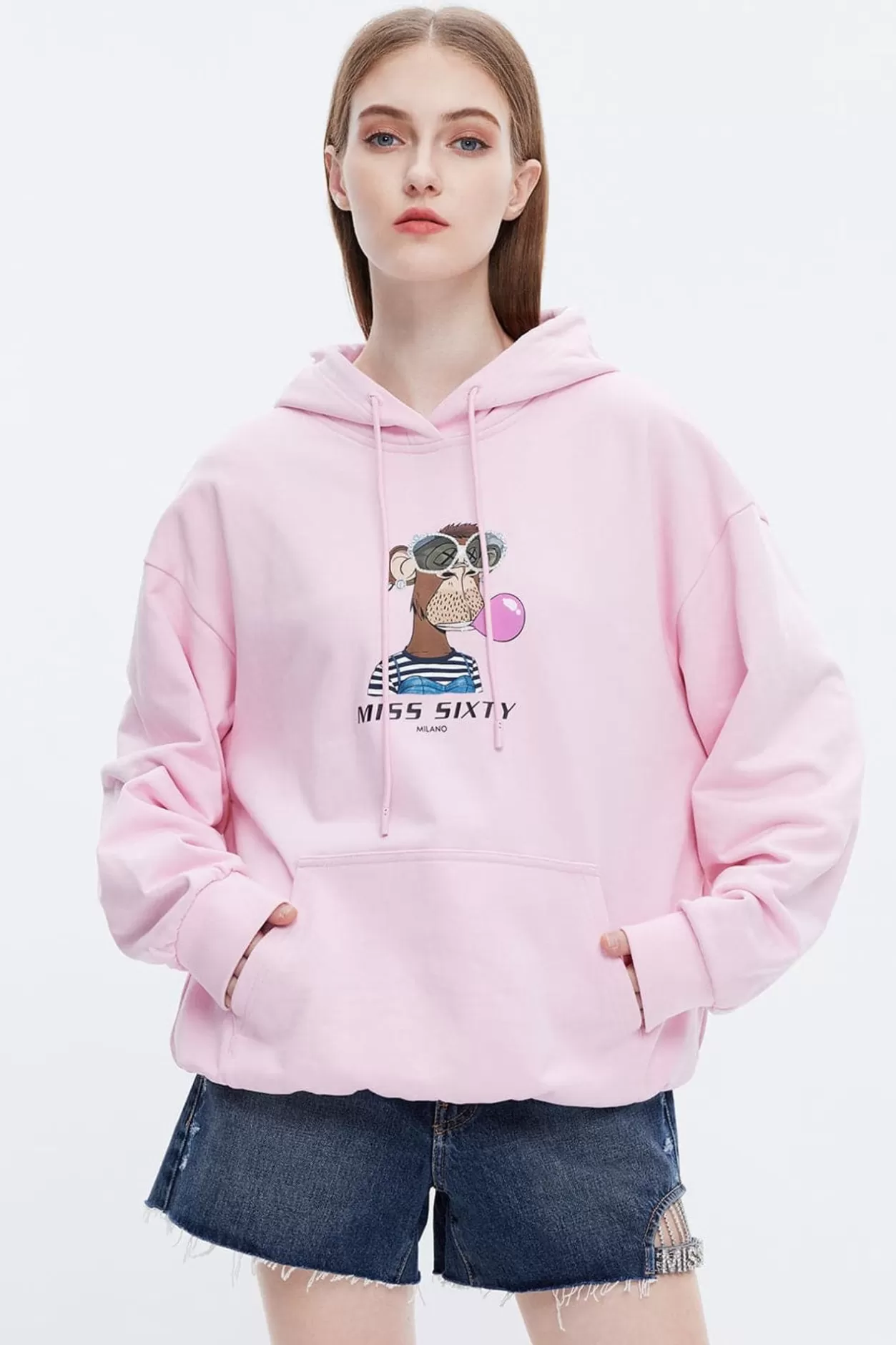 Miss Sixty Nft Capsule Light Pink Pattern Loose Hooded Sweatshirt Baby Pink Best