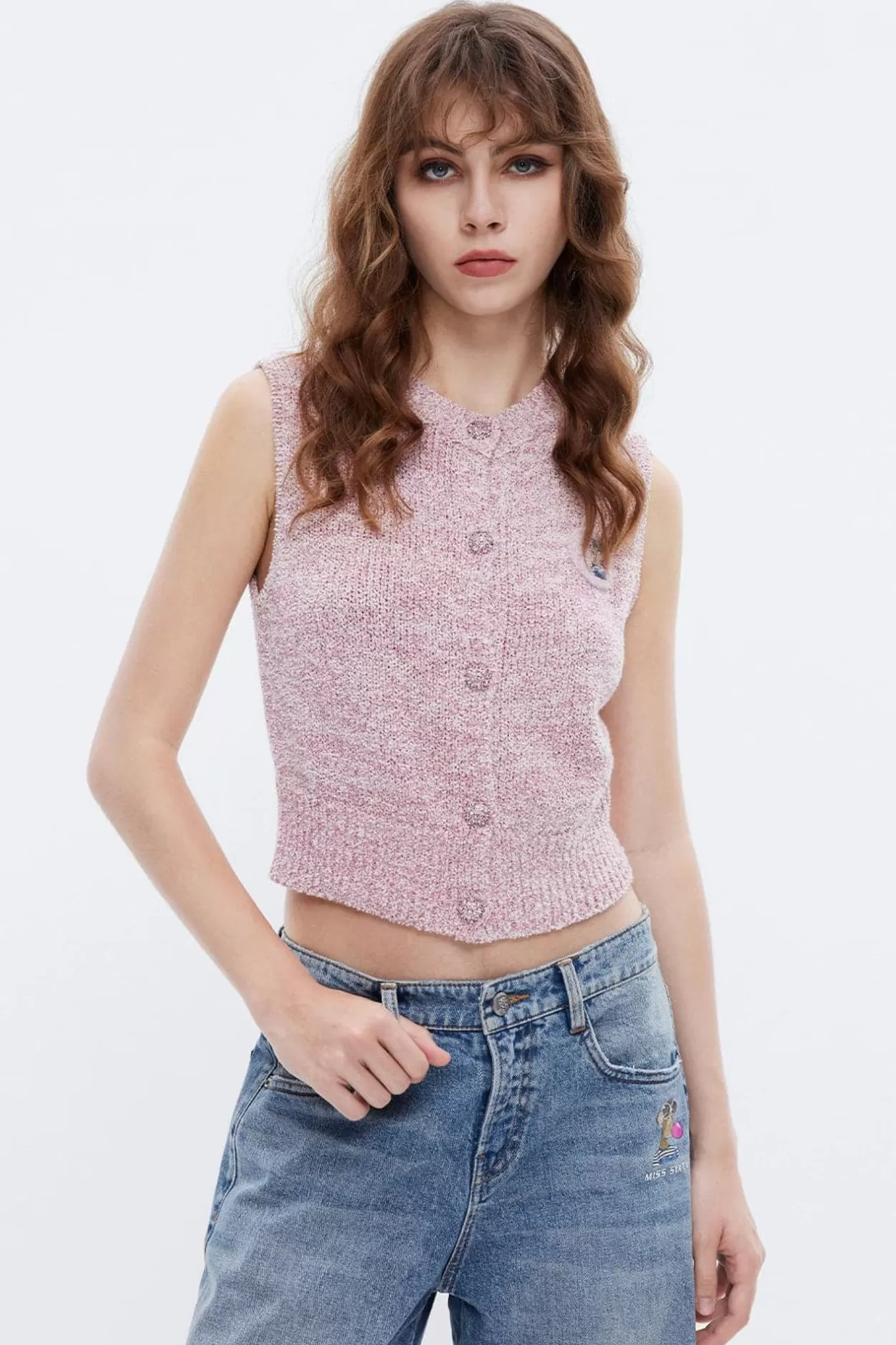 Miss Sixty Nft Capsule Sleeveless Embroidered Style Knit Vest Rose Outlet