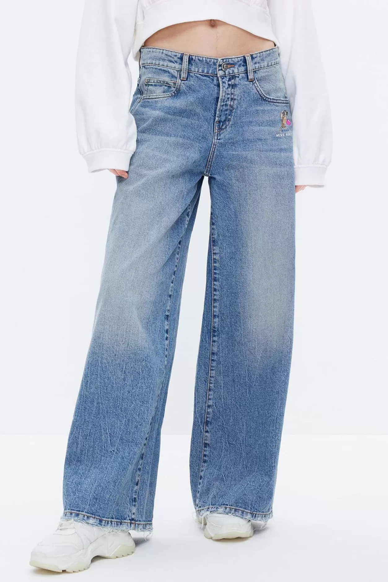 Miss Sixty Nft Capsule Wide Leg Jeans With Cartoon Graphic Light Blue Best Sale