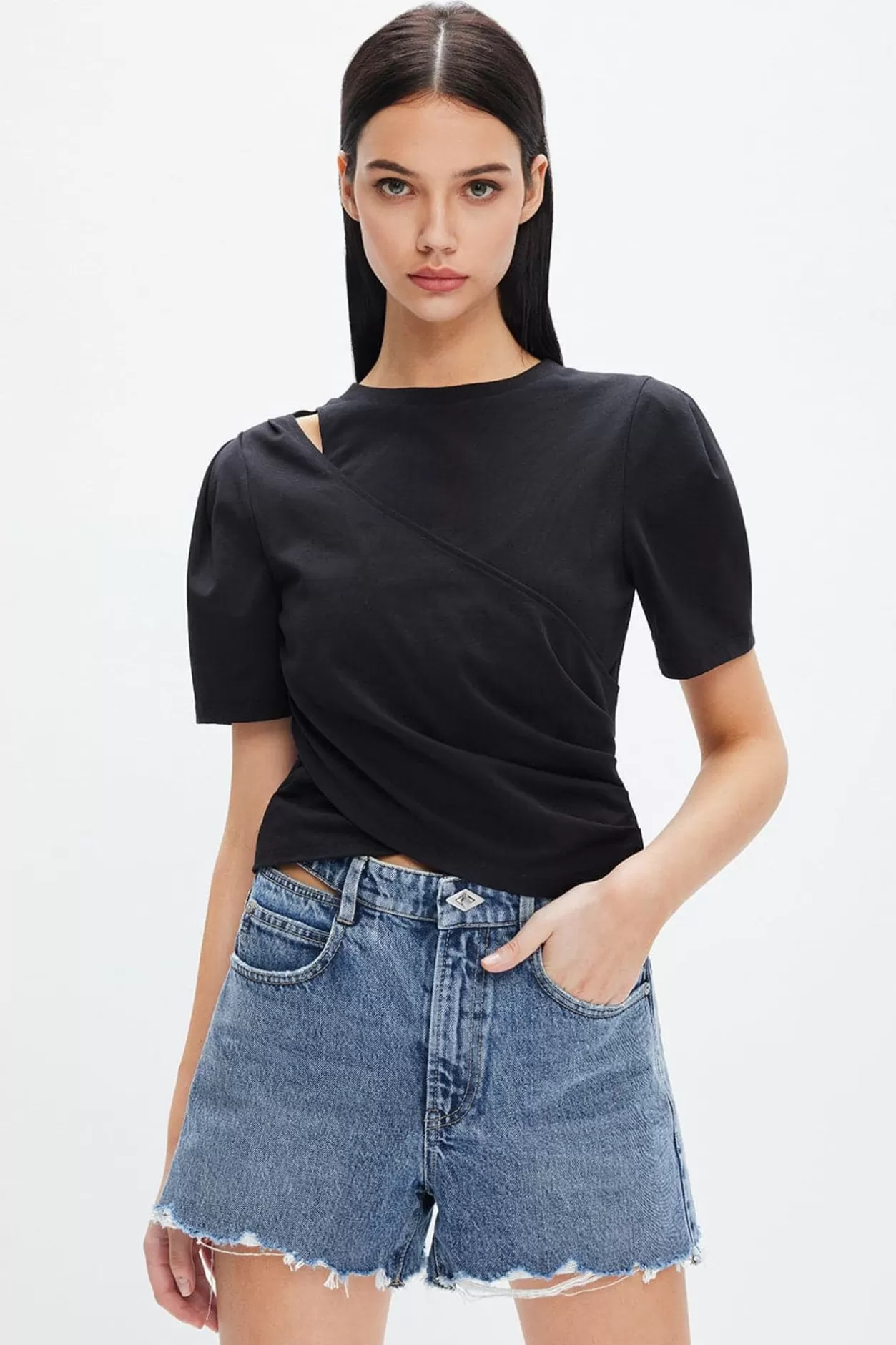 Miss Sixty Pleated Design Cotton Short T-Shirt Black Discount