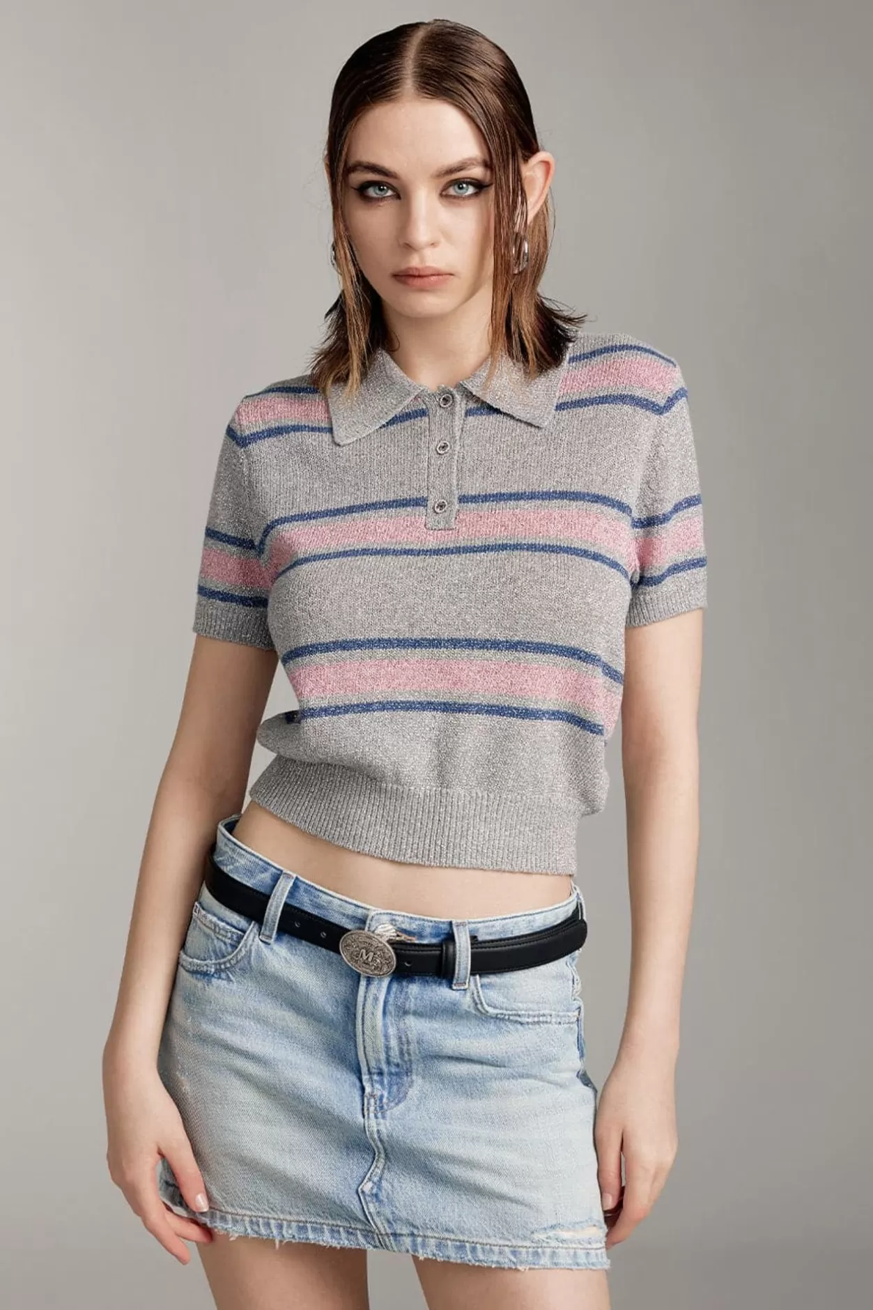 Miss Sixty Polo Collar Colour Contrast Knit Wear Grey Store