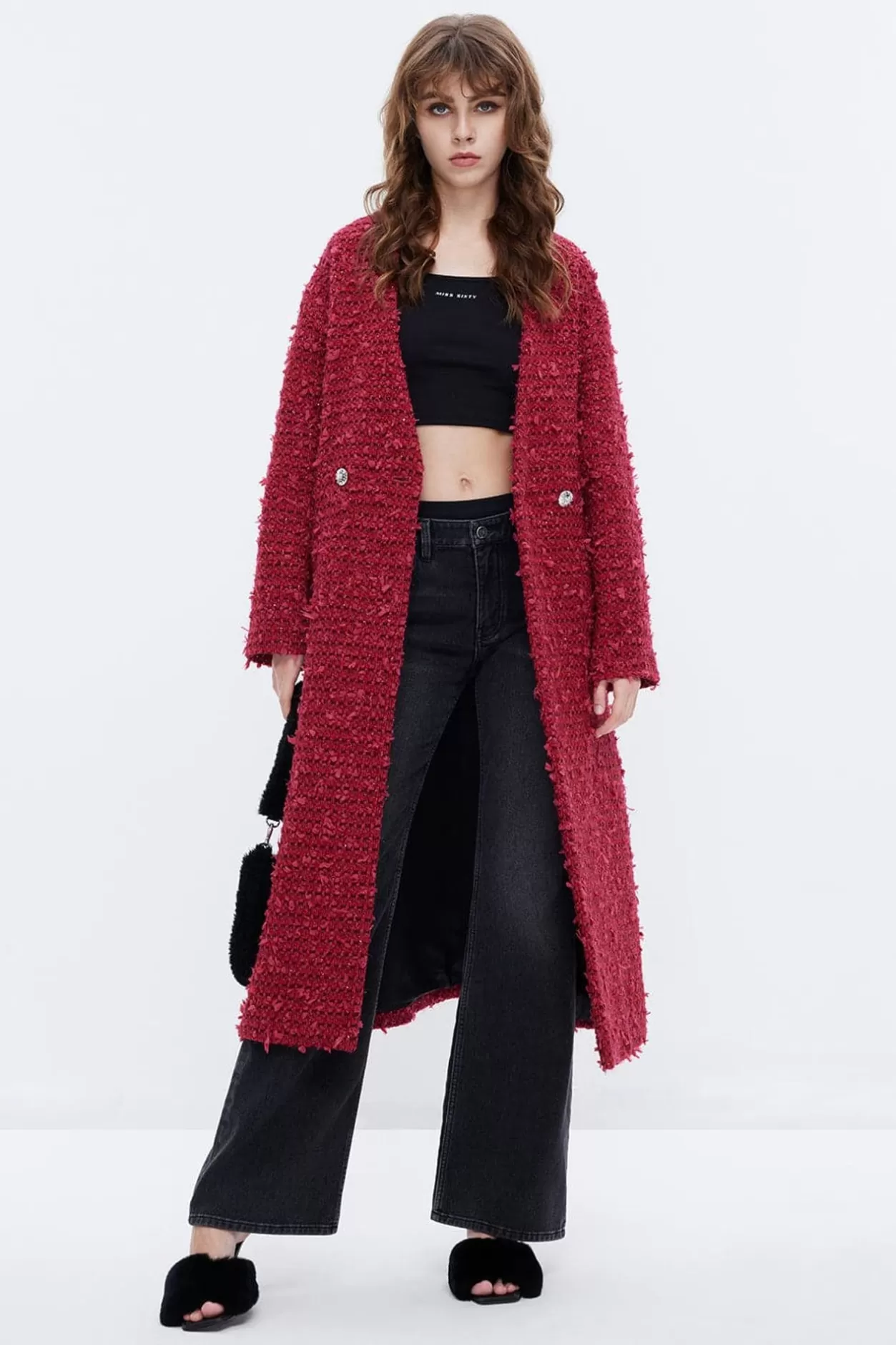 Miss Sixty Red Long Woolen Blend Coat Bright Red Cheap