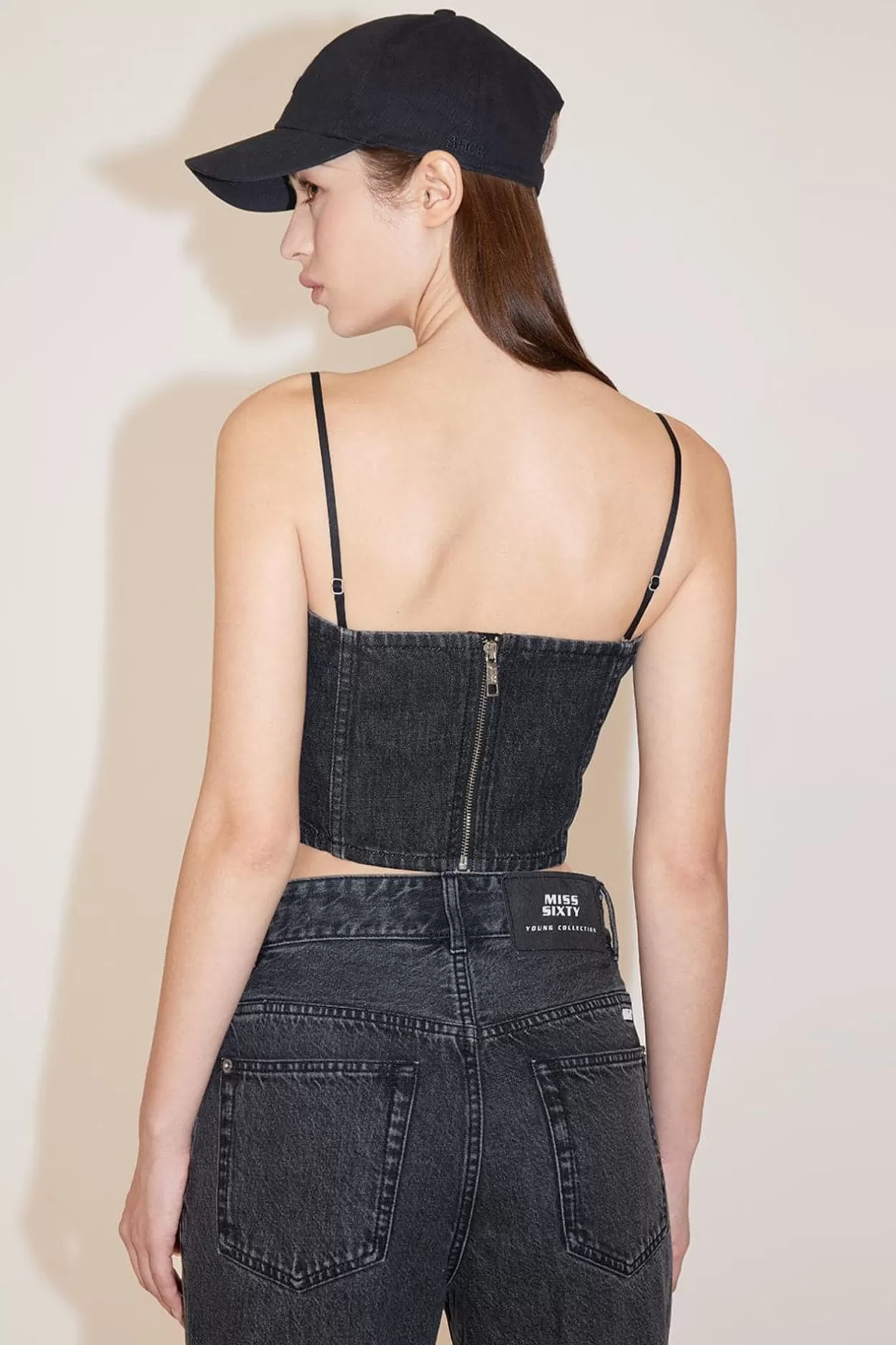 Miss Sixty Retro Denim Top With Detachable Straps Black Fog Cheap