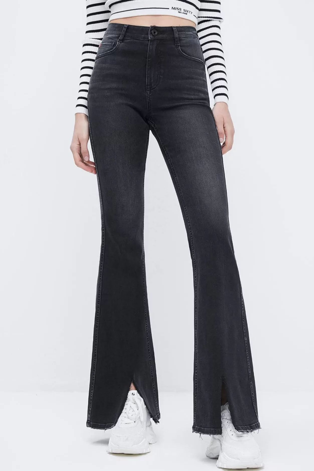 Miss Sixty Retro Flared Slit Black Jeans Black Grey Best Sale