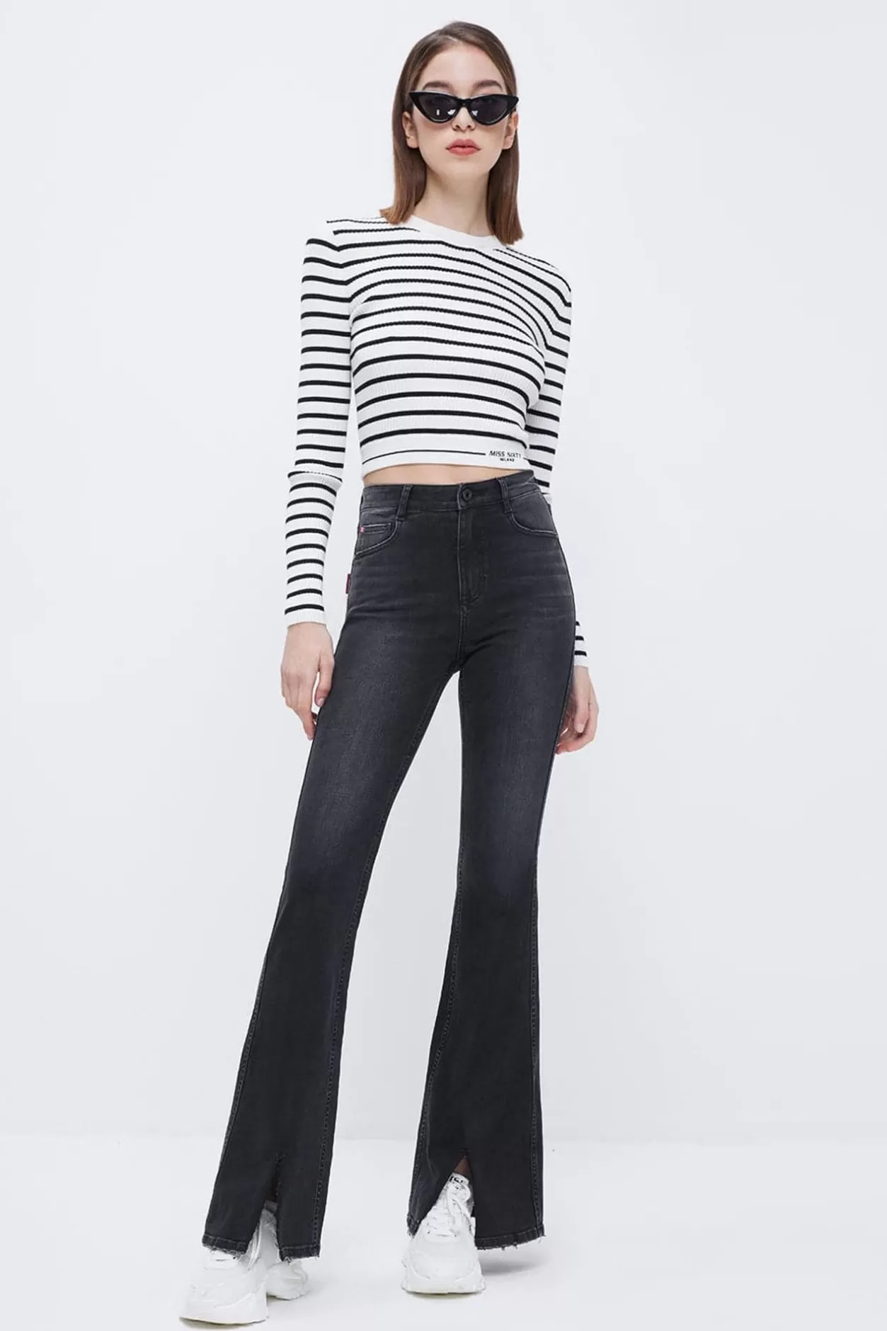 Miss Sixty Retro Flared Slit Black Jeans Black Grey Best Sale