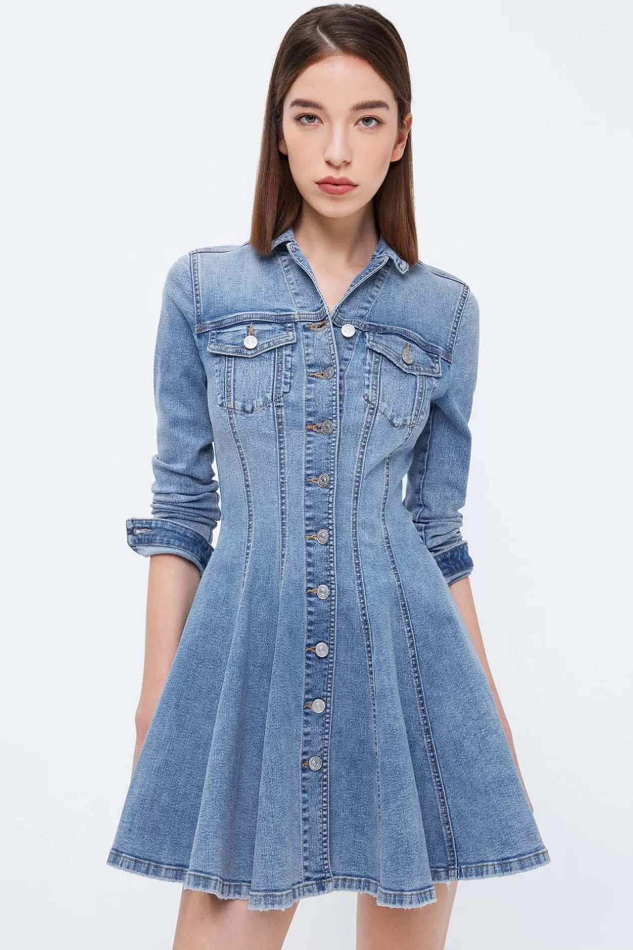 Miss Sixty Retro Pleated Denim Dress Light Blue Cheap