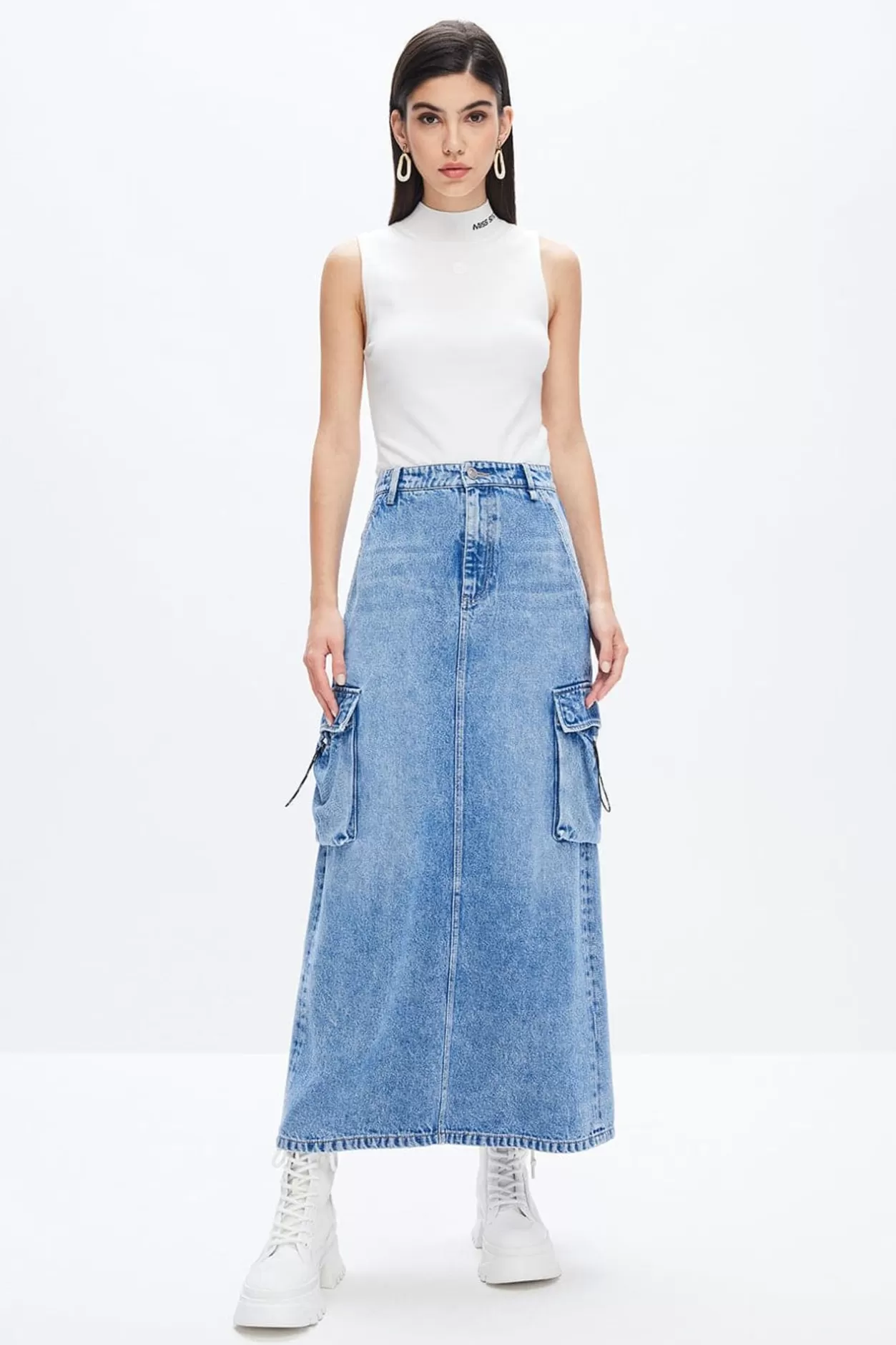 Miss Sixty Retro Sexy Cargo Denim Skirt Middle Blue Flash Sale