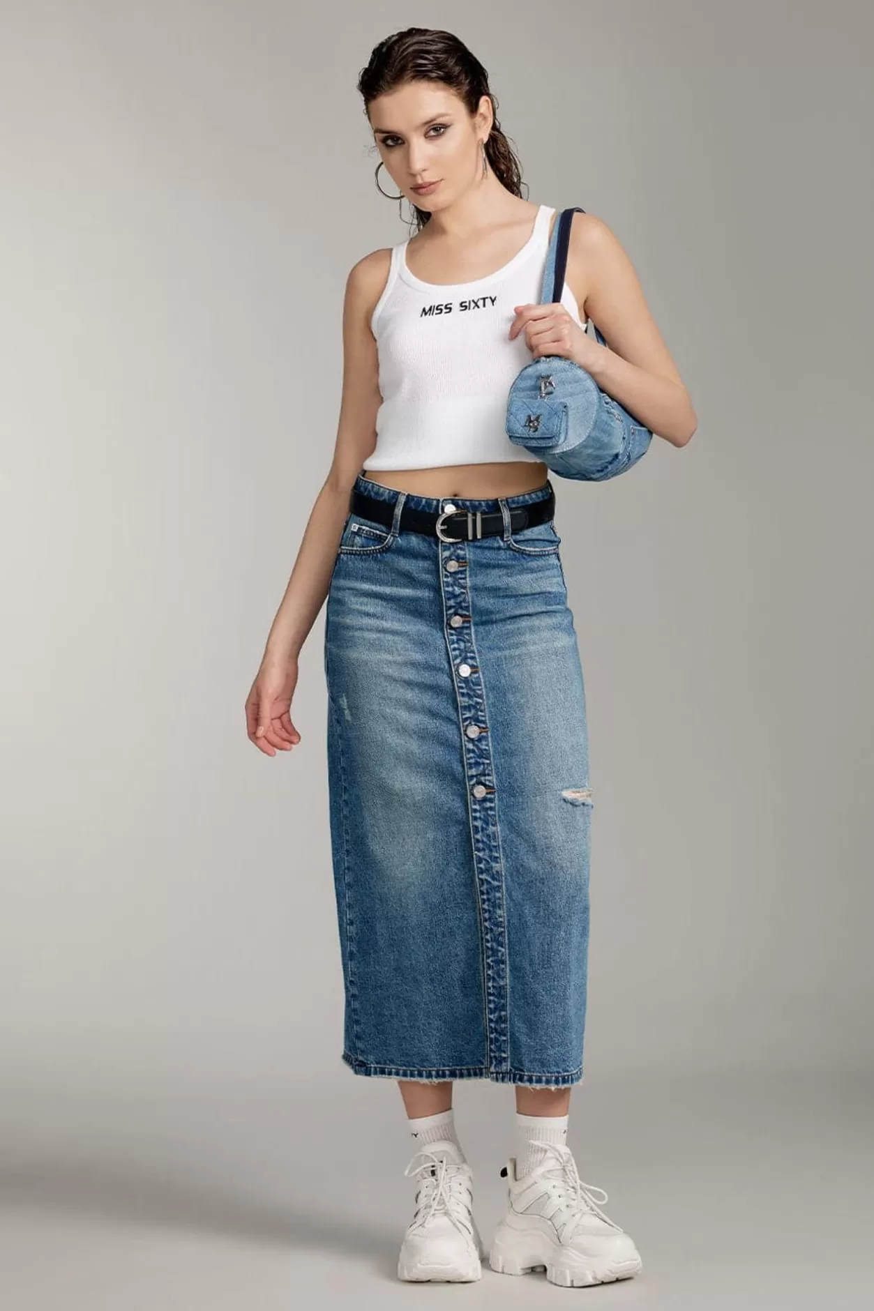 Miss Sixty Ripped Denim Maxi Skirt Middle Blue New