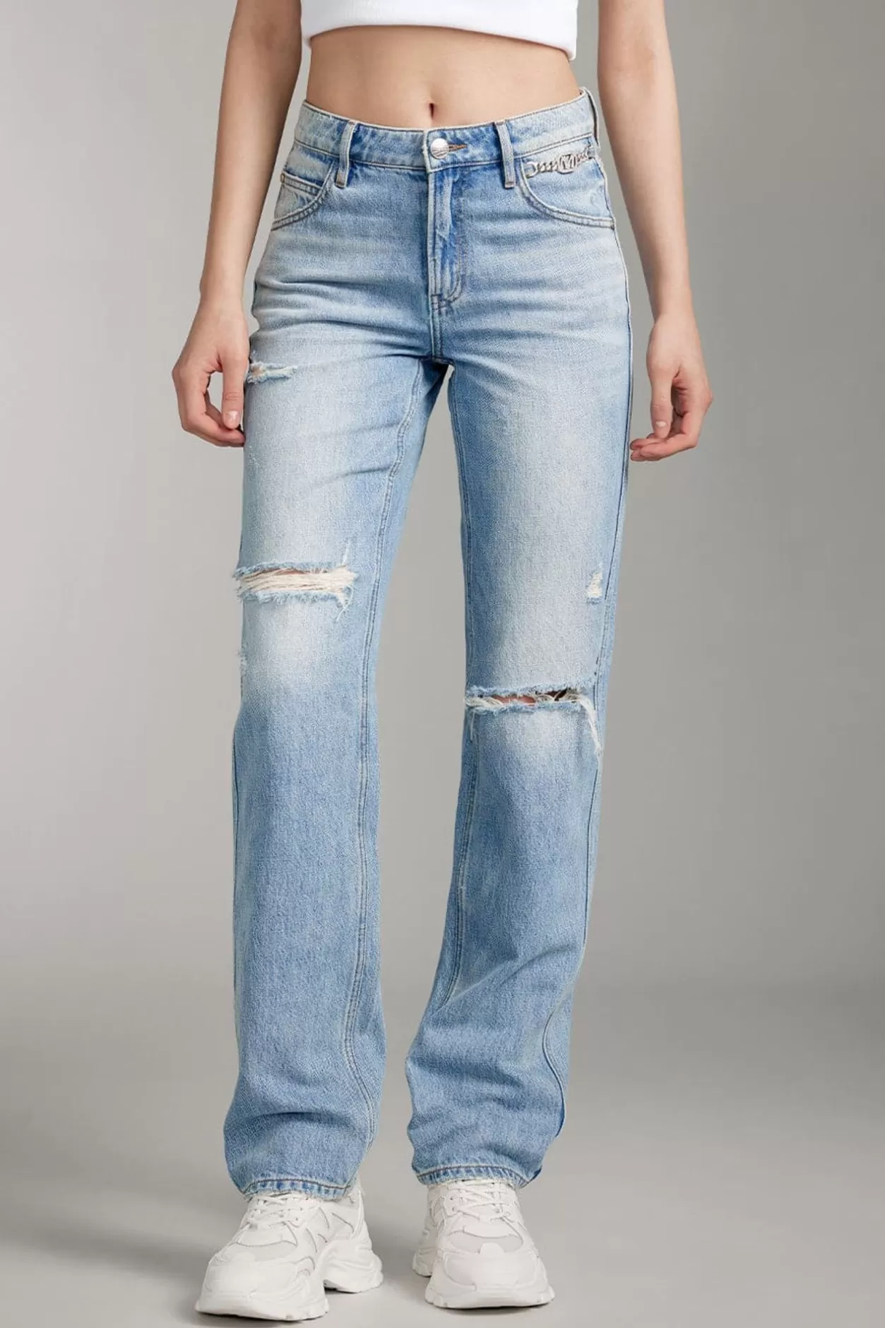 Miss Sixty Ripped Straight Pants With Crystal Chain Middle Blue Online