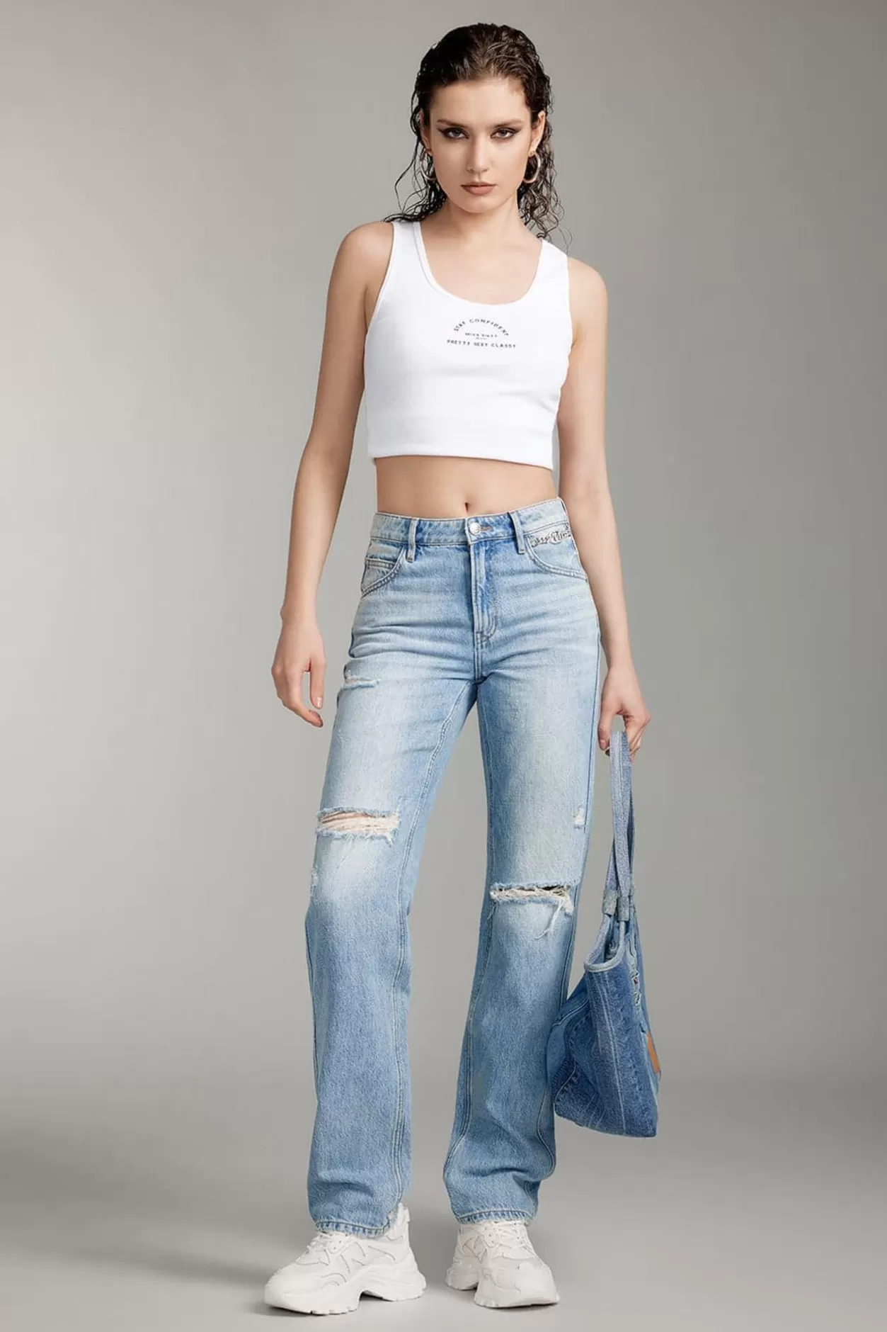 Miss Sixty Ripped Straight Pants With Crystal Chain Middle Blue Online