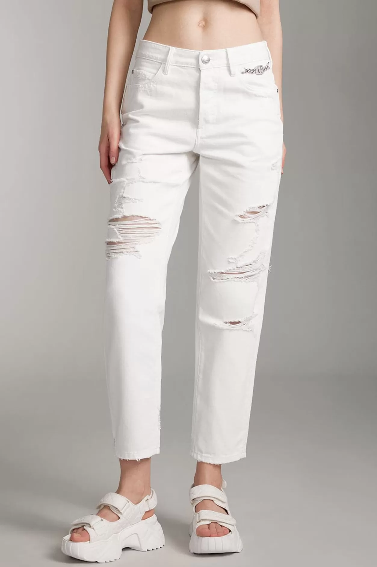 Miss Sixty Ripped Straight Trouser With Crystal Chain White Discount