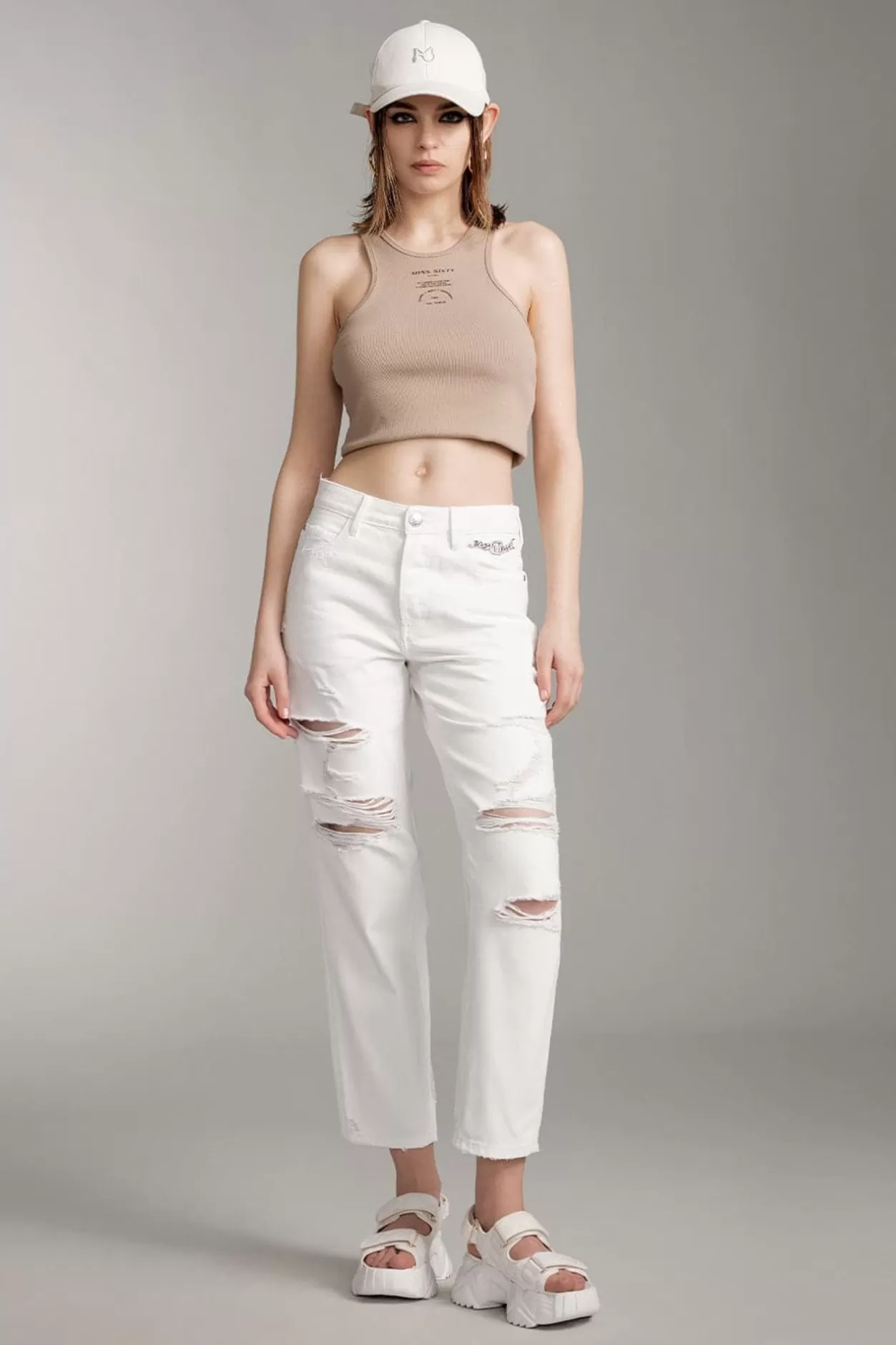 Miss Sixty Ripped Straight Trouser With Crystal Chain White Discount