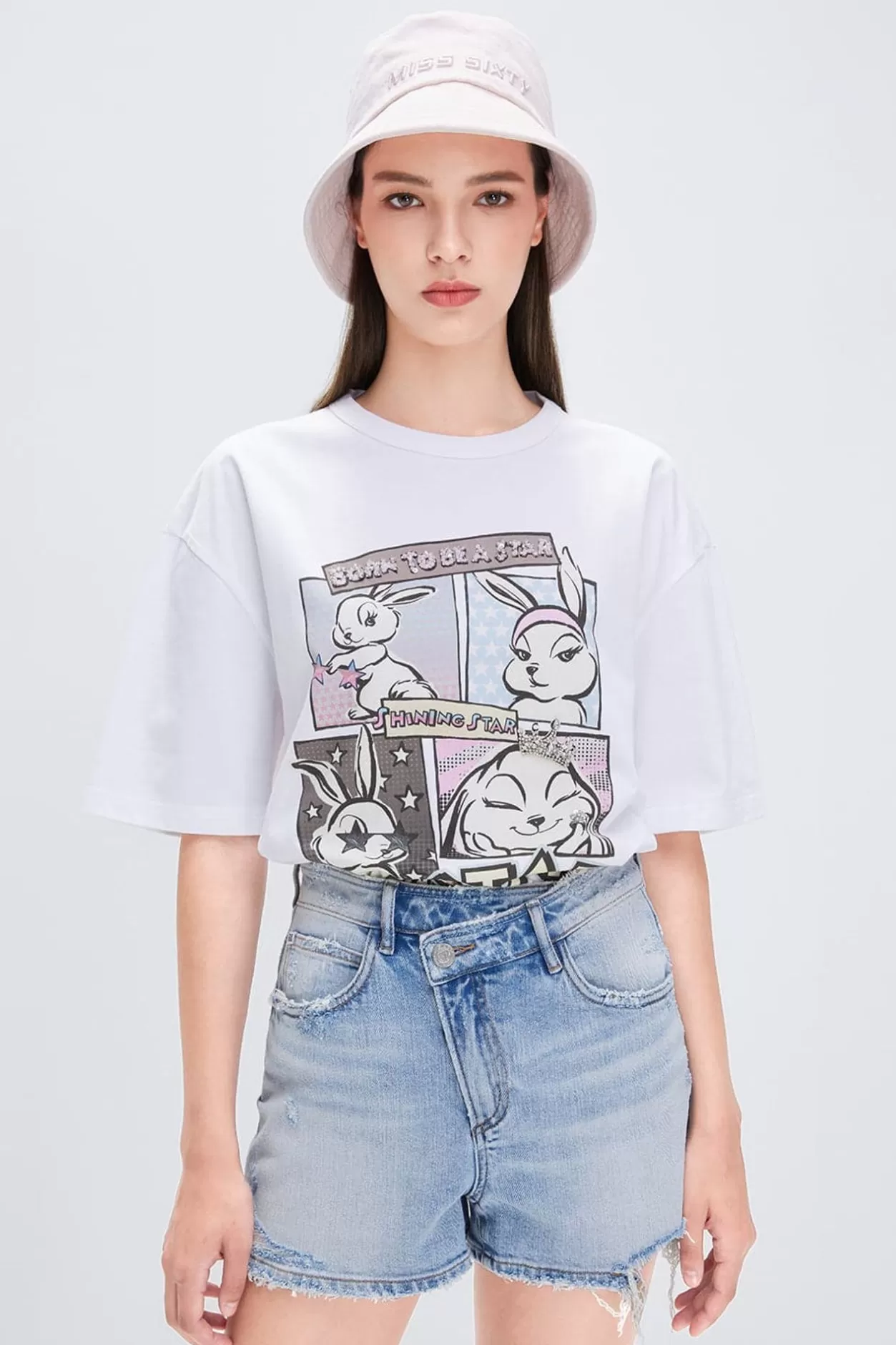 Miss Sixty Round Neck Bunny Pattern Short Sleeves T-Shirt White New