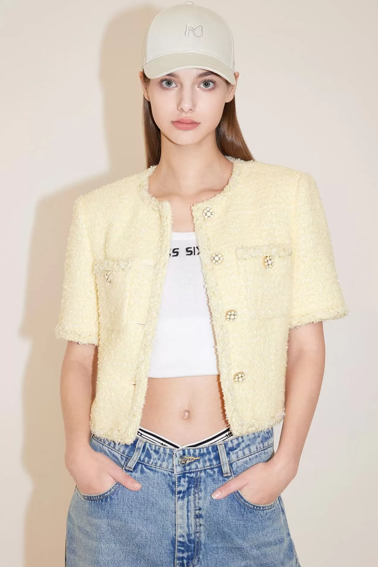 Miss Sixty Round Neck Cropped Woolen Jacket Yellow Online