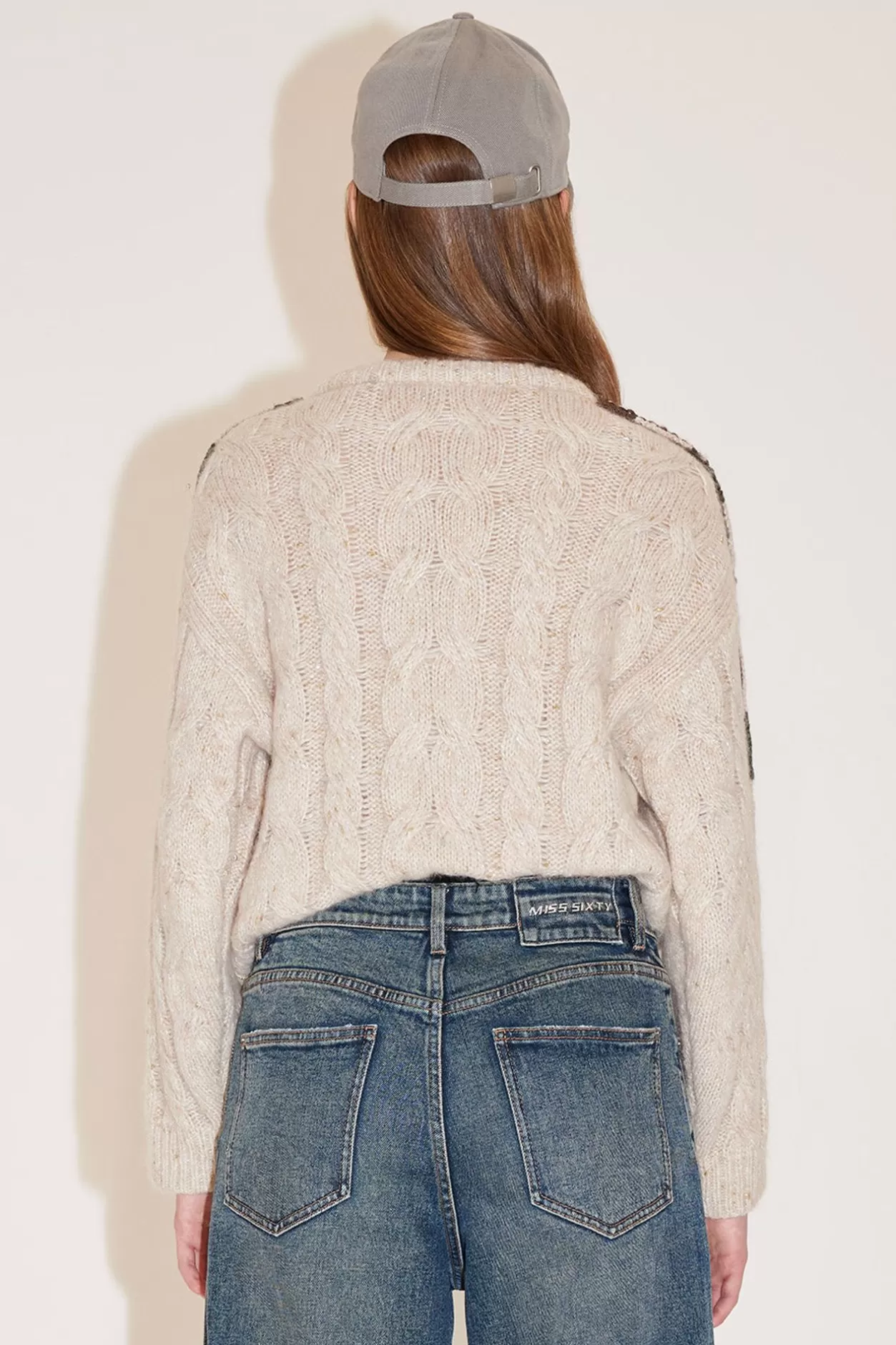 Miss Sixty Round Neck Hand-Stitched Pearl-String Short Knit Sweater Shop