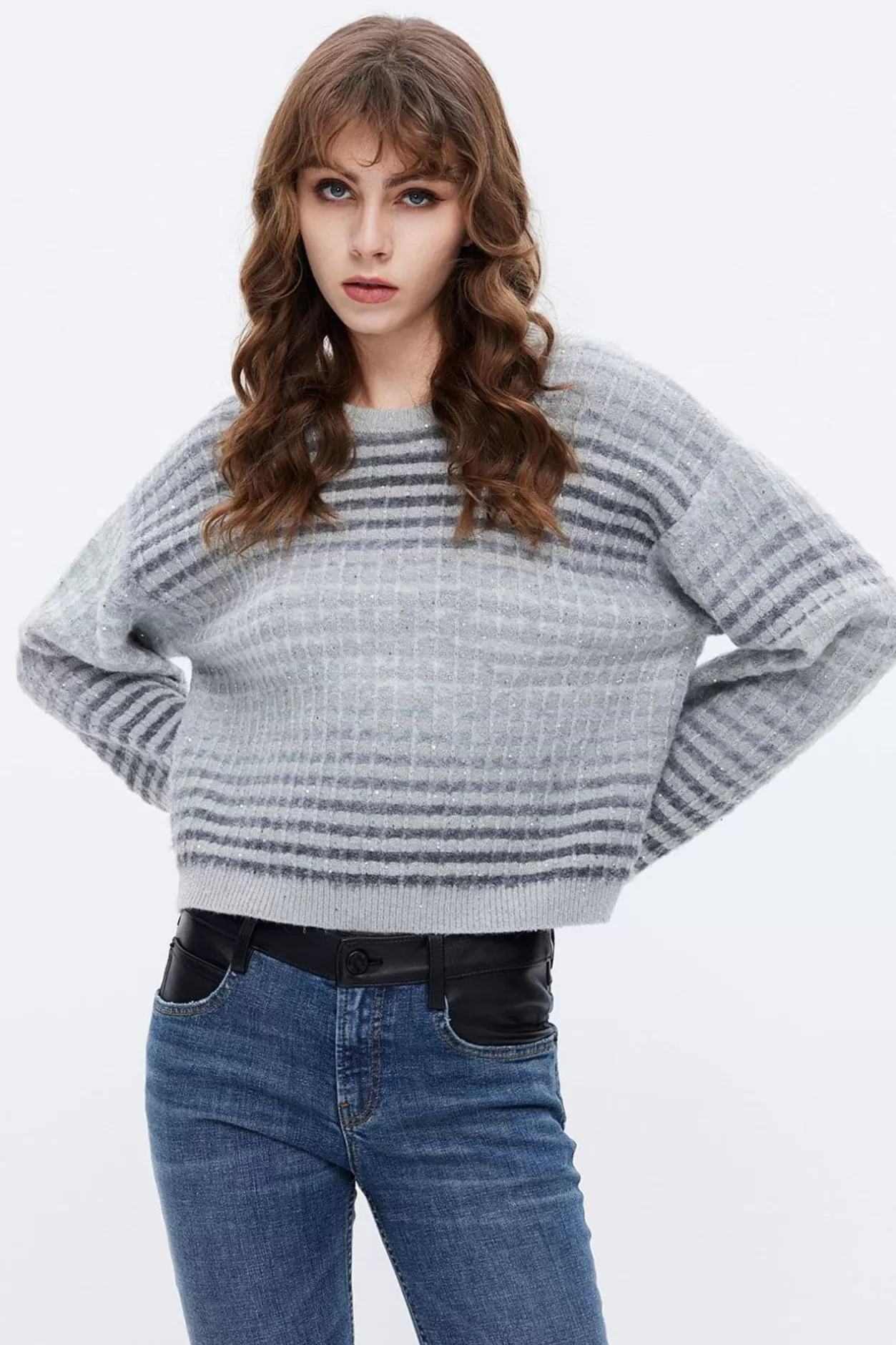 Miss Sixty Round Neck Slimming Gradient Mohair Knit Sweater Grey Discount