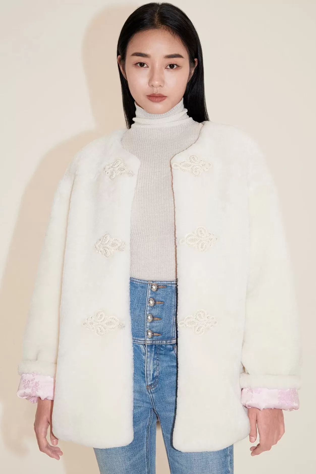 Miss Sixty Round Neckbuckle Lamb Fur Jacket Off White Shop