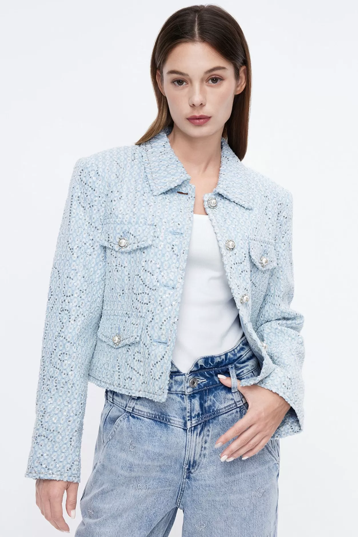 Miss Sixty Sequined Embroidered Denim Jacket Light Blue New