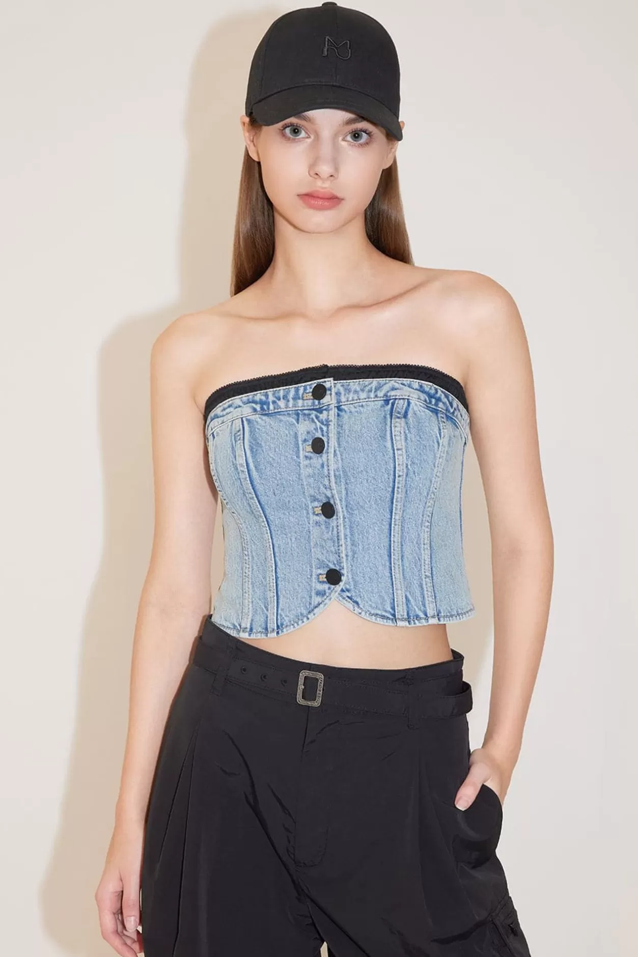 Miss Sixty Sexy Denim Top With Splicing Design Middle Blue Clearance