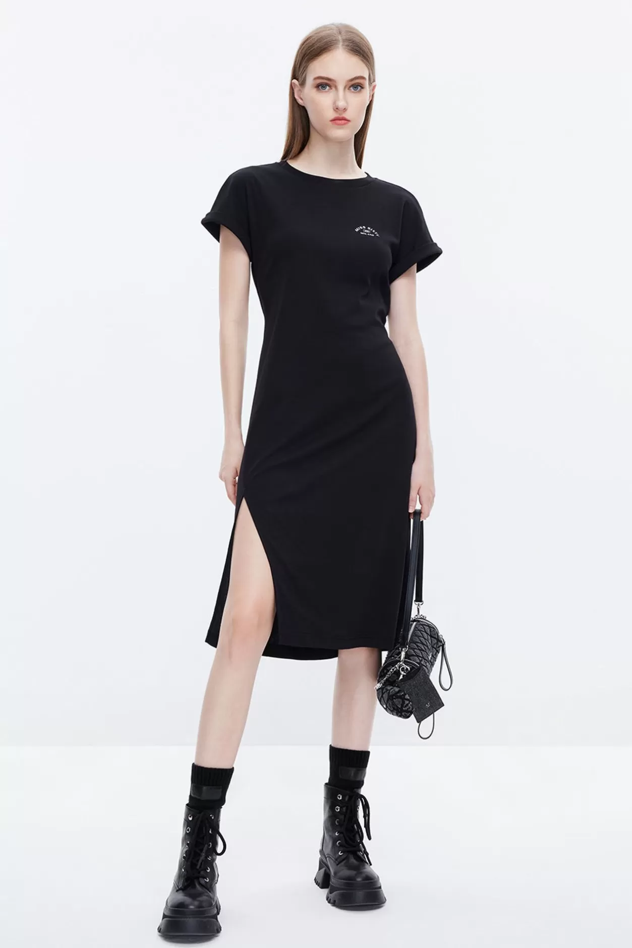 Miss Sixty Sexy Front Slit Cotton Round Neck Dress Black Shop