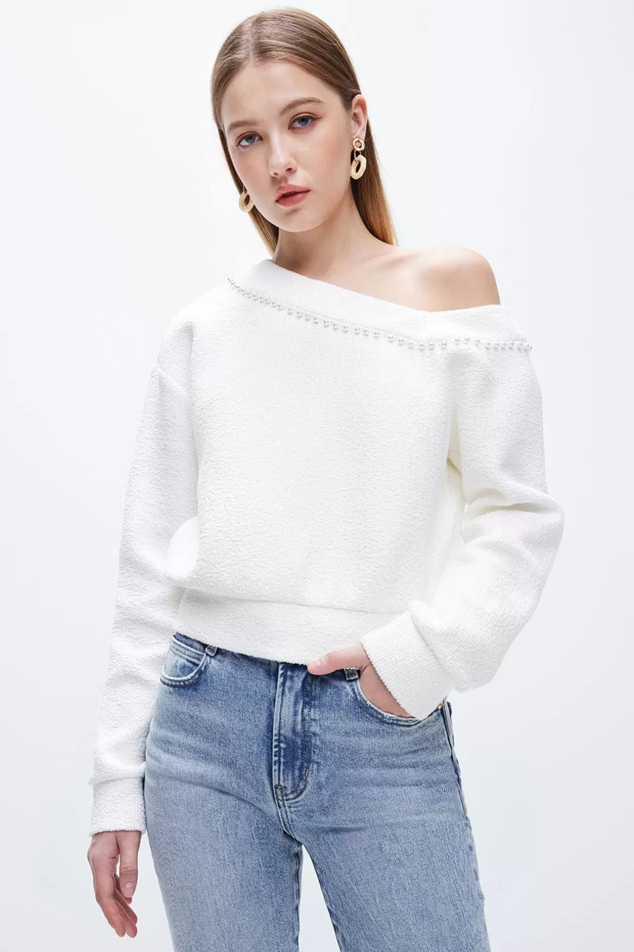 Miss Sixty Sexy Off-Shoulder Pearl Sweater White Shop