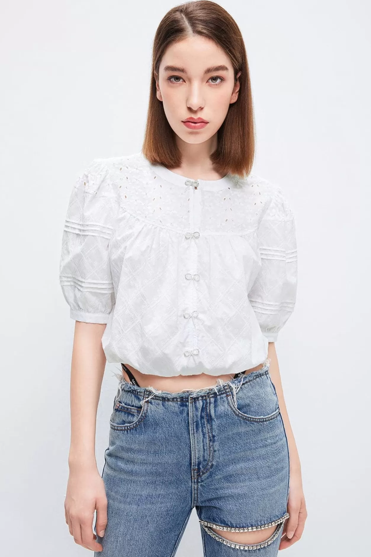 Miss Sixty Short-Sleeves Shirt With Beaded Bow Bright White Online