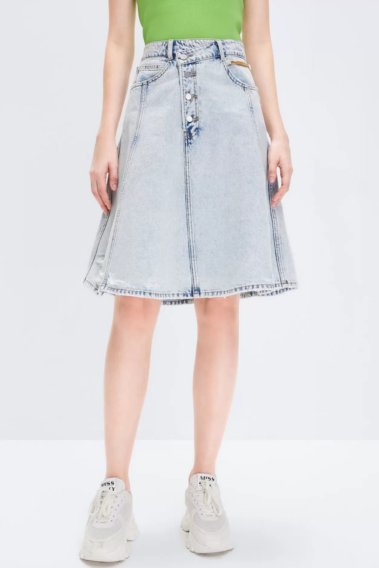 Miss Sixty Slant Placket Denim Midi Skirt With Fringes Trims Light Blue Cheap