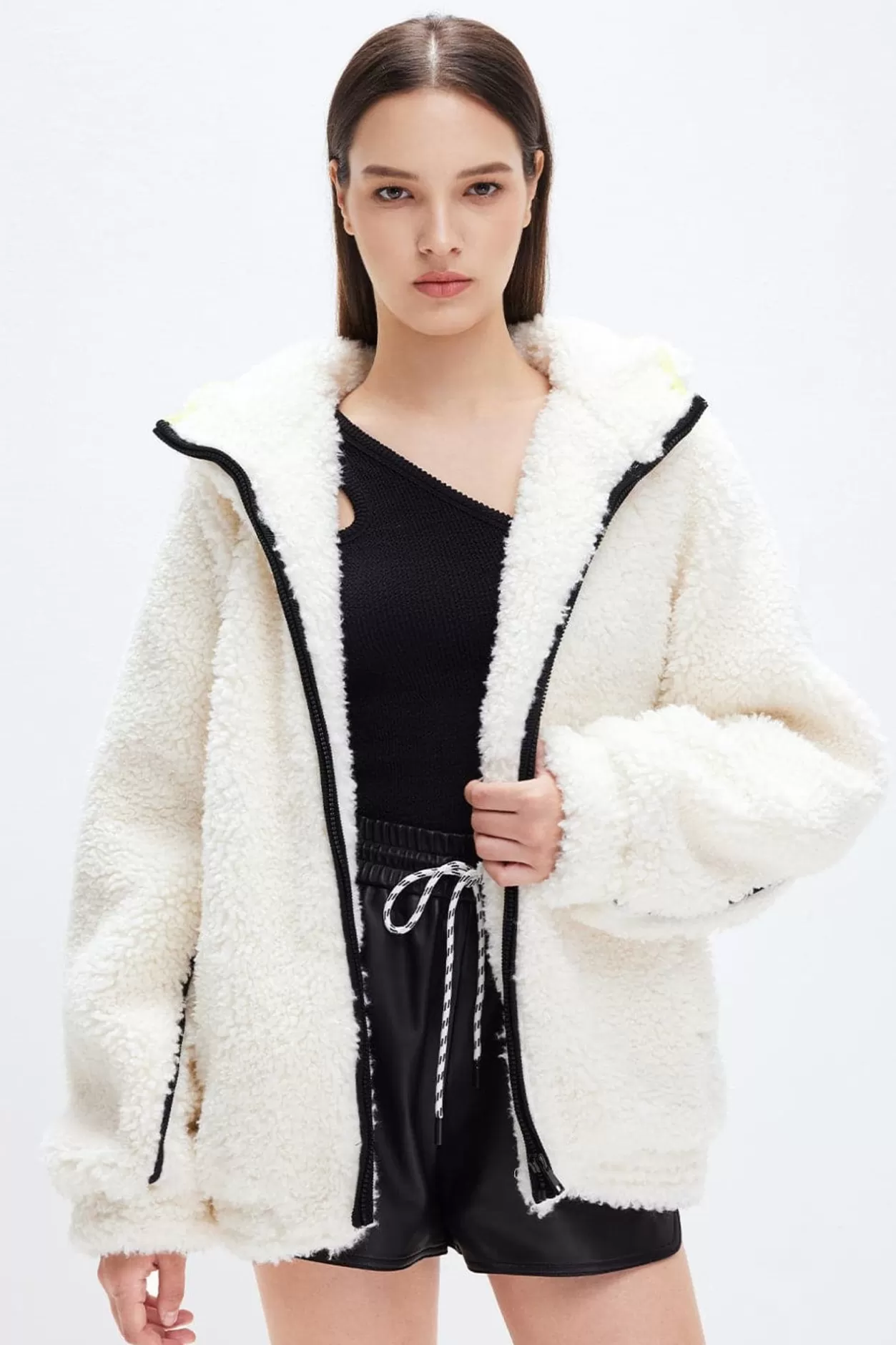 Miss Sixty Sporty Hooded Faux Fur Jacket (Eco-Friendly) Off White Hot