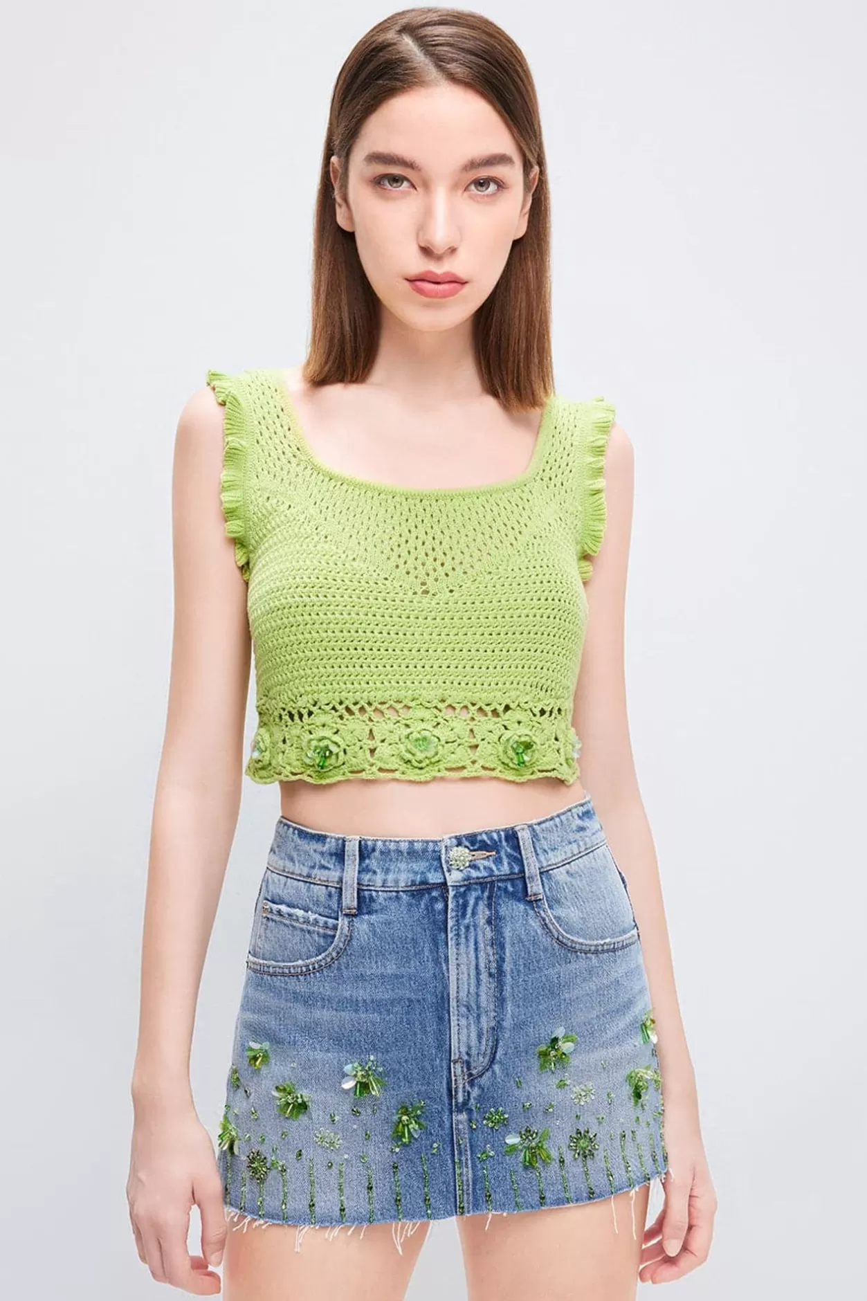 Miss Sixty Square Neck Cropped Woven Tank Top Fashion