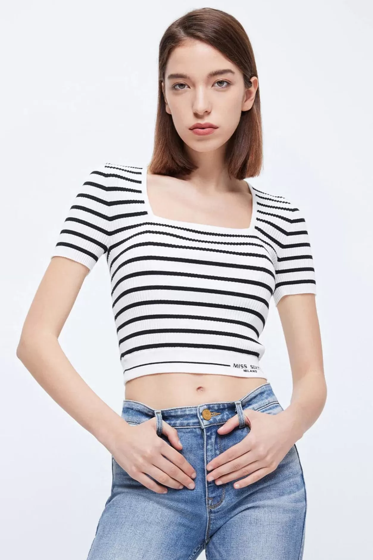 Miss Sixty Square Neck Striped High Stretch Knitted Top Black/White Shop