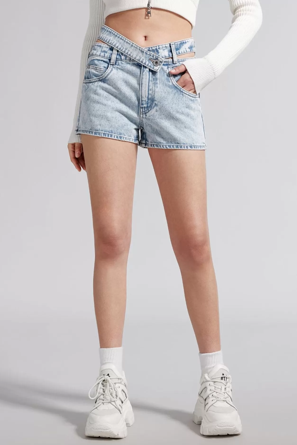 Miss Sixty Straight Fit Denim Shorts With Paneled Waist Design Light Blue Flash Sale