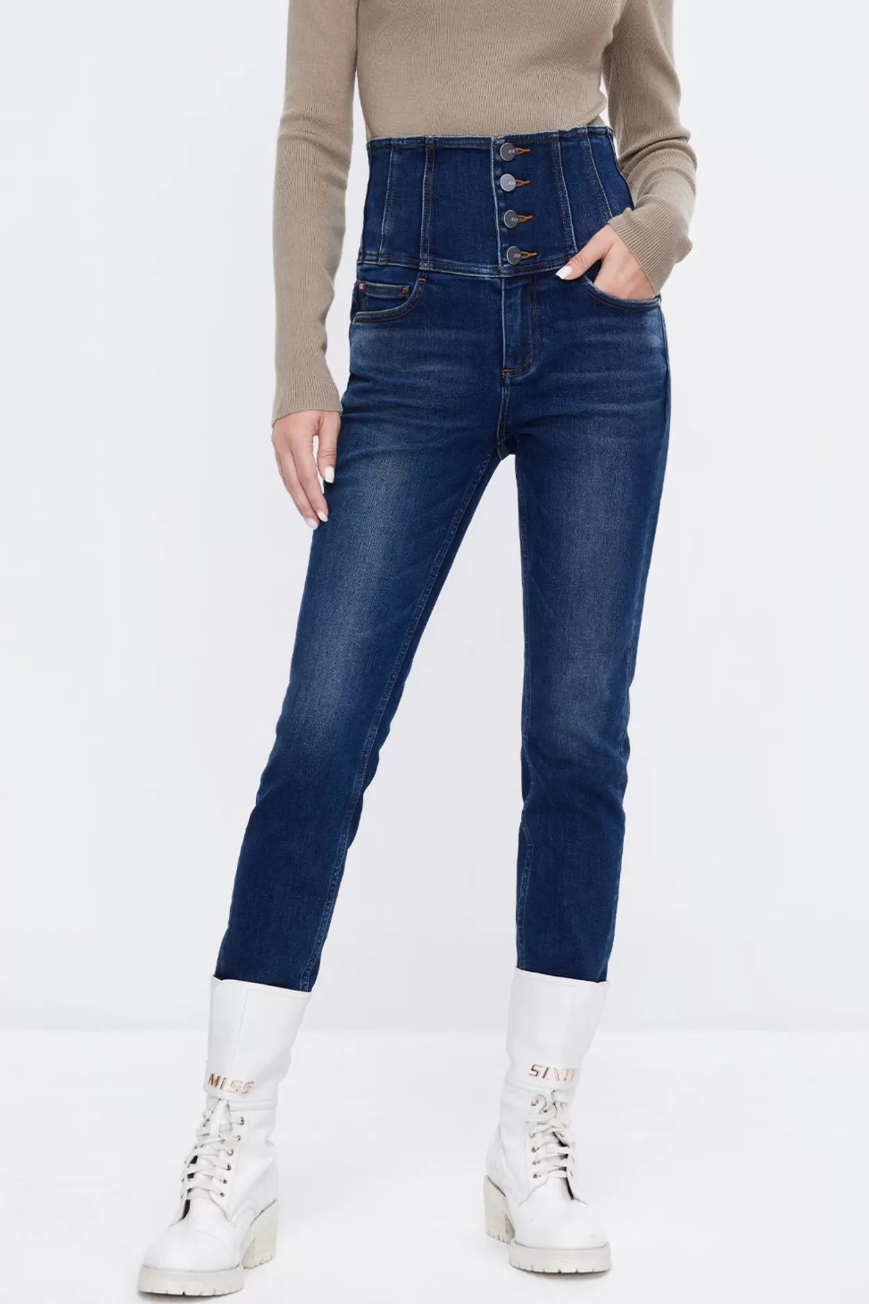 Miss Sixty Stretchy Four Buttons High Waist Slim Jeans Middle Blue Sale