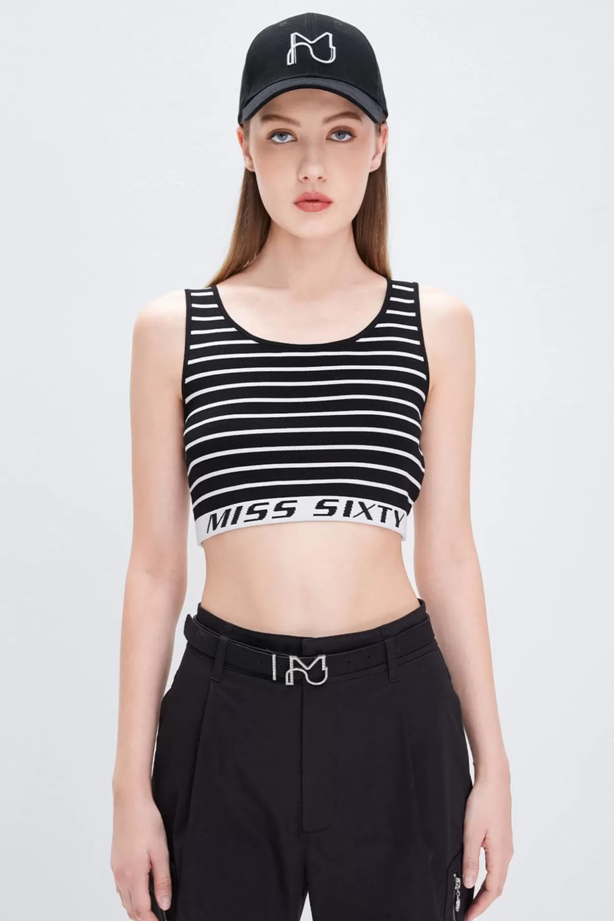 Miss Sixty Striped Cropped Stretchy Vest Black/White Sale